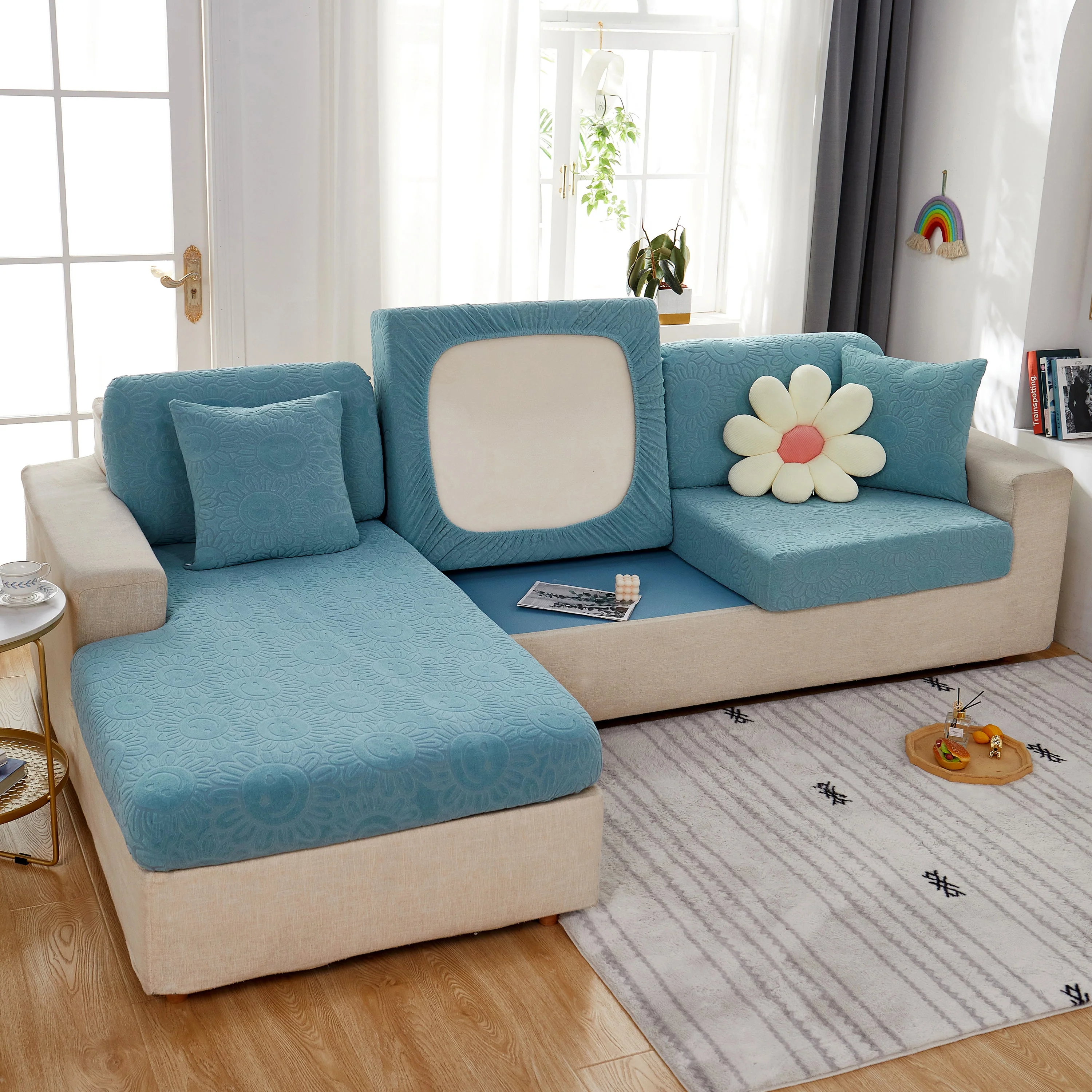 Sunflower Jacquard Fleece Stretchable Cushion Cover, Non-Slip Furniture Covers for Pets, L Shaped Couch Cushion Covers - Image 18