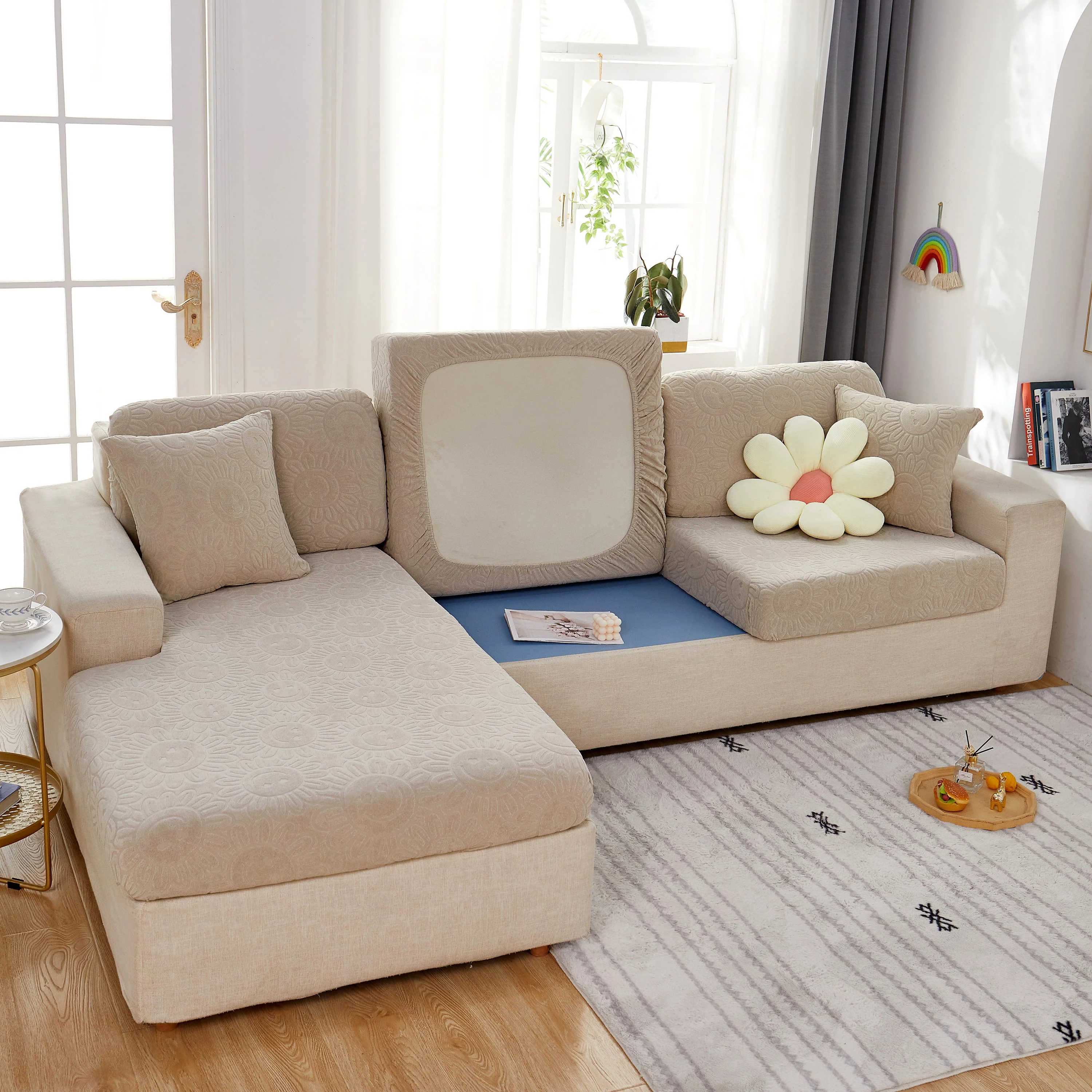 Sunflower Jacquard Fleece Stretchable Cushion Cover, Non-Slip Furniture Covers for Pets, L Shaped Couch Cushion Covers - Image 19