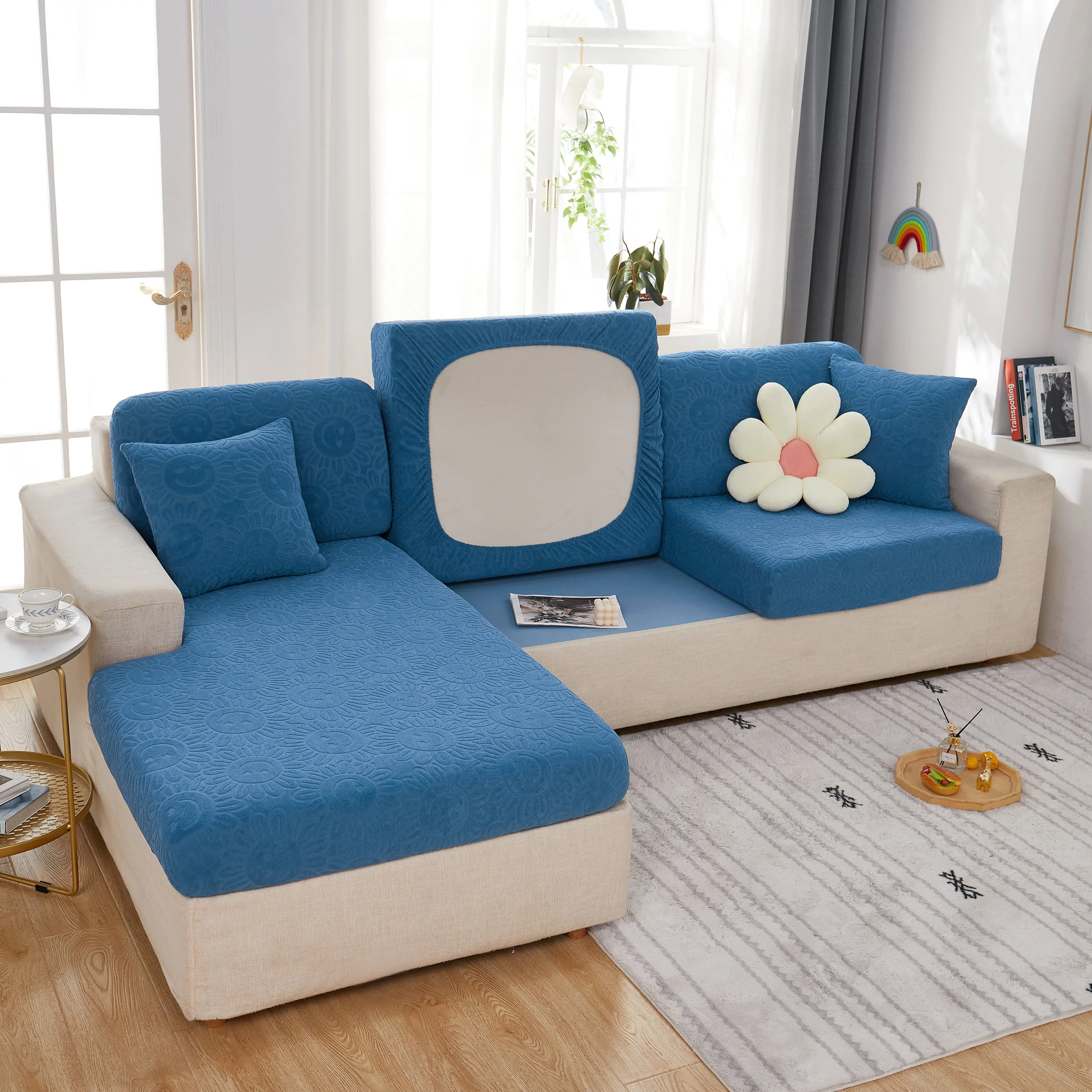 Sunflower Jacquard Fleece Stretchable Cushion Cover, Non-Slip Furniture Covers for Pets, L Shaped Couch Cushion Covers - Image 20