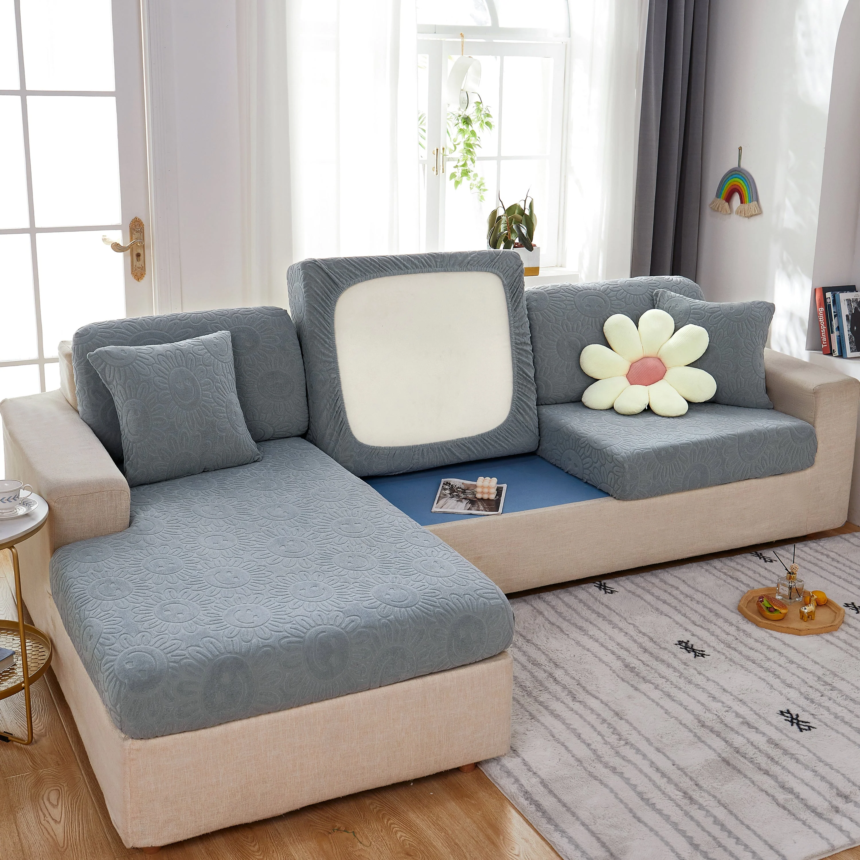 Sunflower Jacquard Fleece Stretchable Cushion Cover, Non-Slip Furniture Covers for Pets, L Shaped Couch Cushion Covers - Image 21