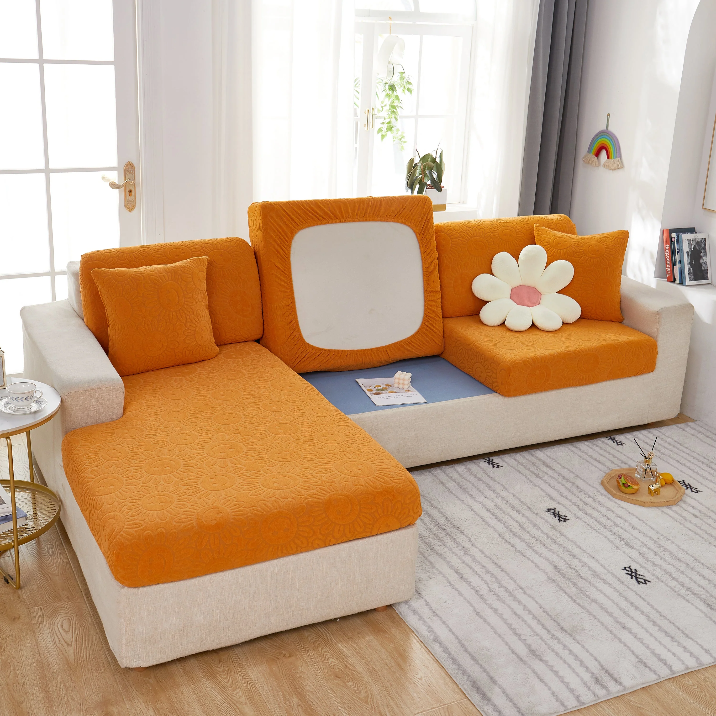 Sunflower Jacquard Fleece Stretchable Cushion Cover, Non-Slip Furniture Covers for Pets, L Shaped Couch Cushion Covers - Image 22