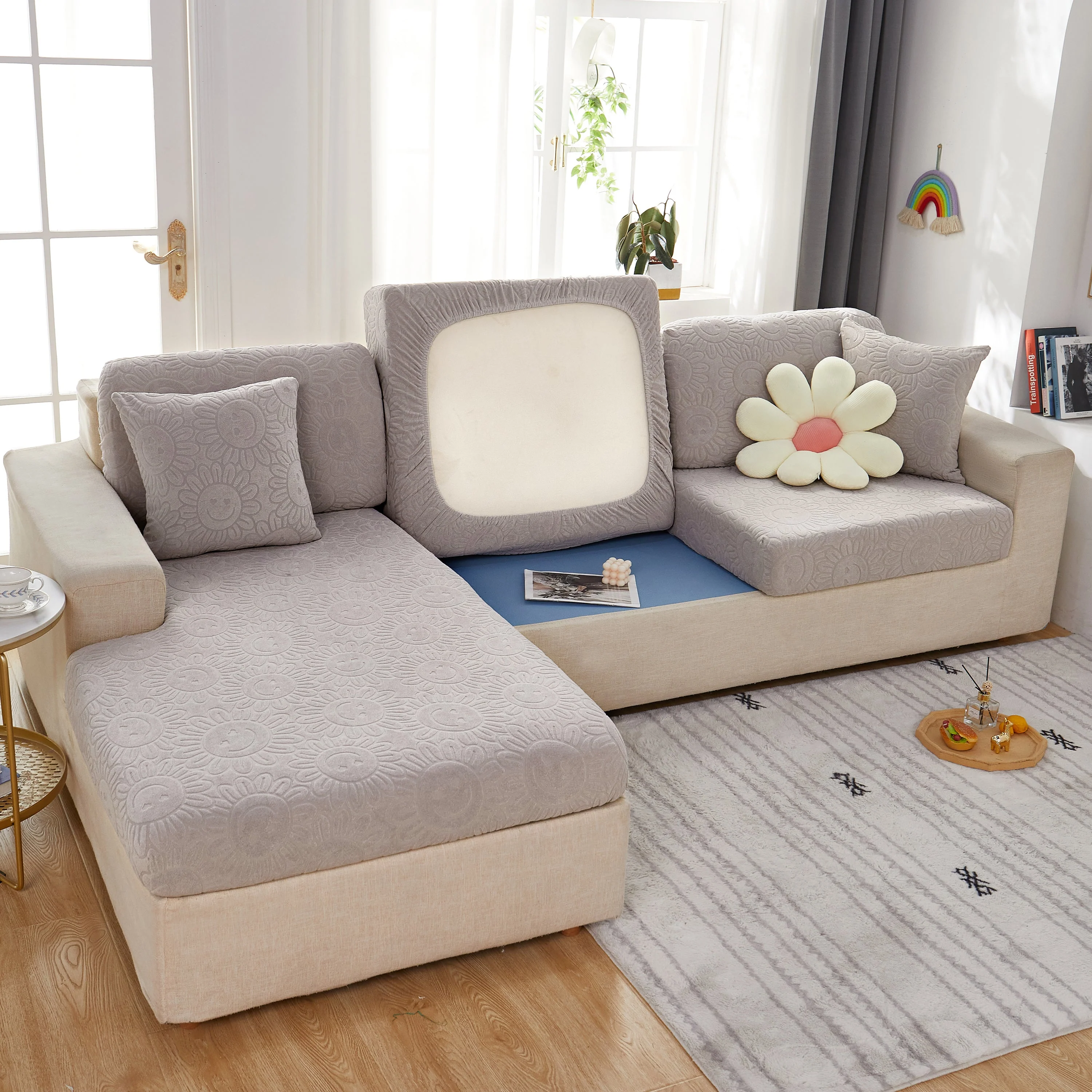 Sunflower Jacquard Fleece Stretchable Cushion Cover, Non-Slip Furniture Covers for Pets, L Shaped Couch Cushion Covers - Image 23