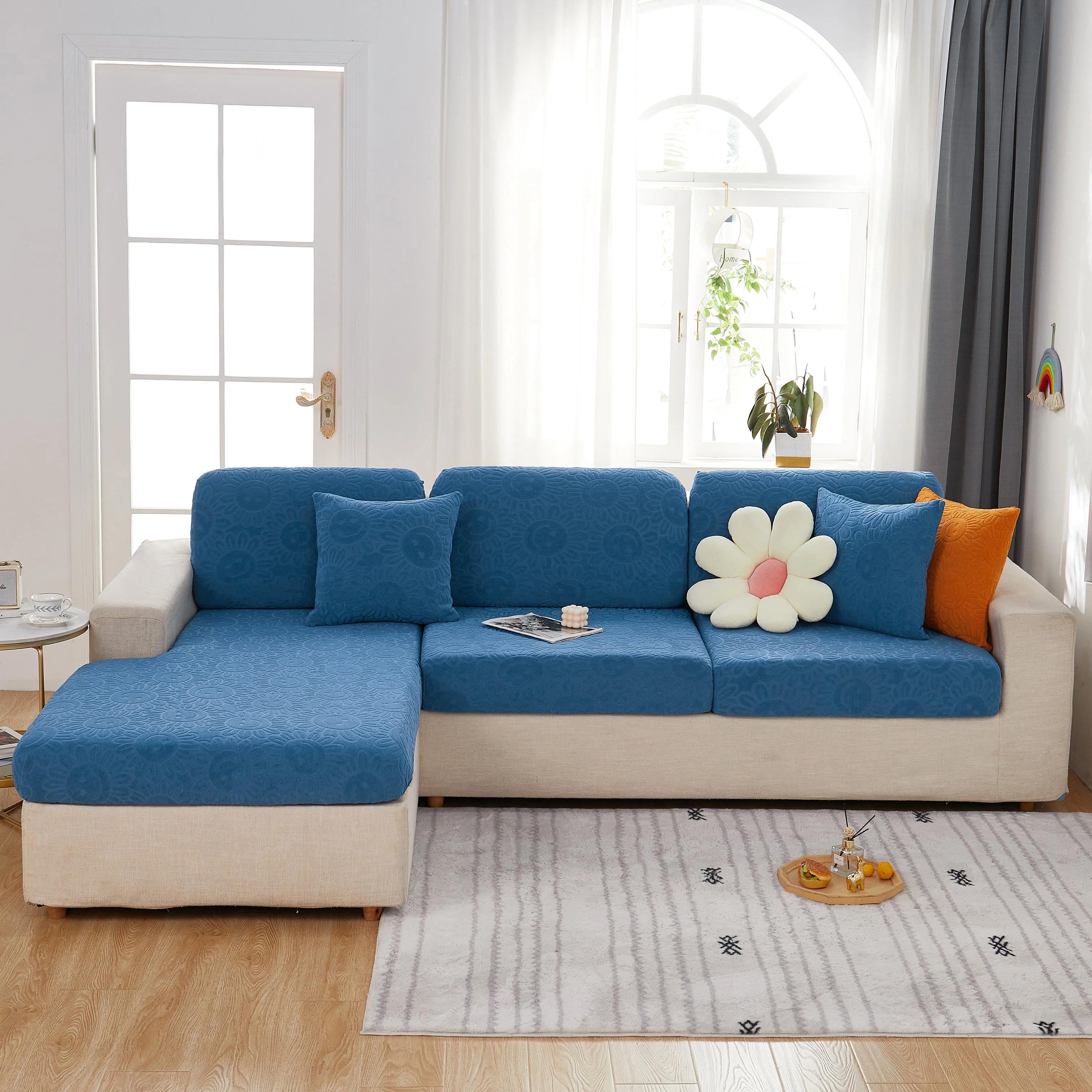 Sunflower Jacquard Fleece Stretchable Cushion Cover, Non-Slip Furniture Covers for Pets, L Shaped Couch Cushion Covers - Image 24