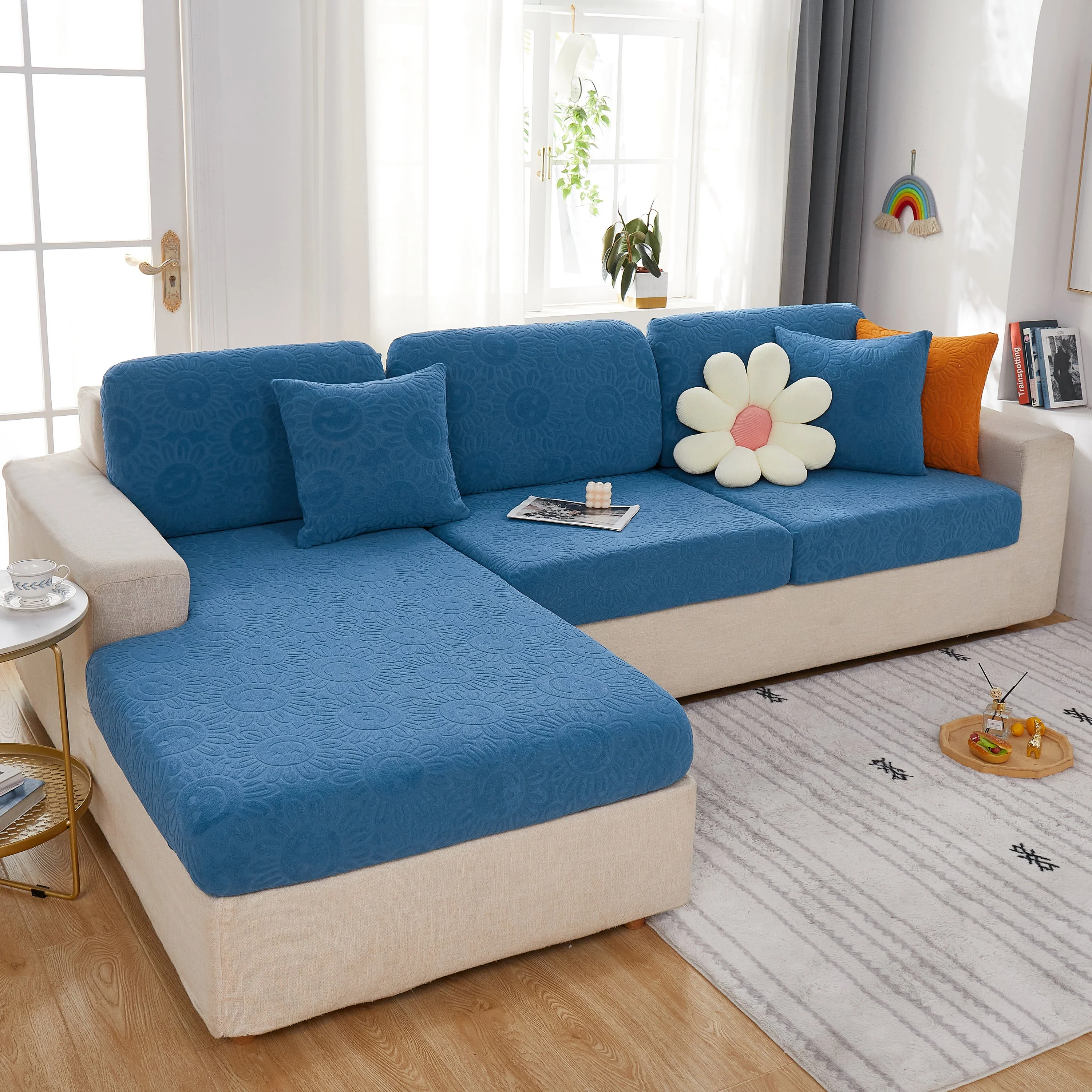 Sunflower Jacquard Fleece Stretchable Cushion Cover, Non-Slip Furniture Covers for Pets, L Shaped Couch Cushion Covers - Image 25