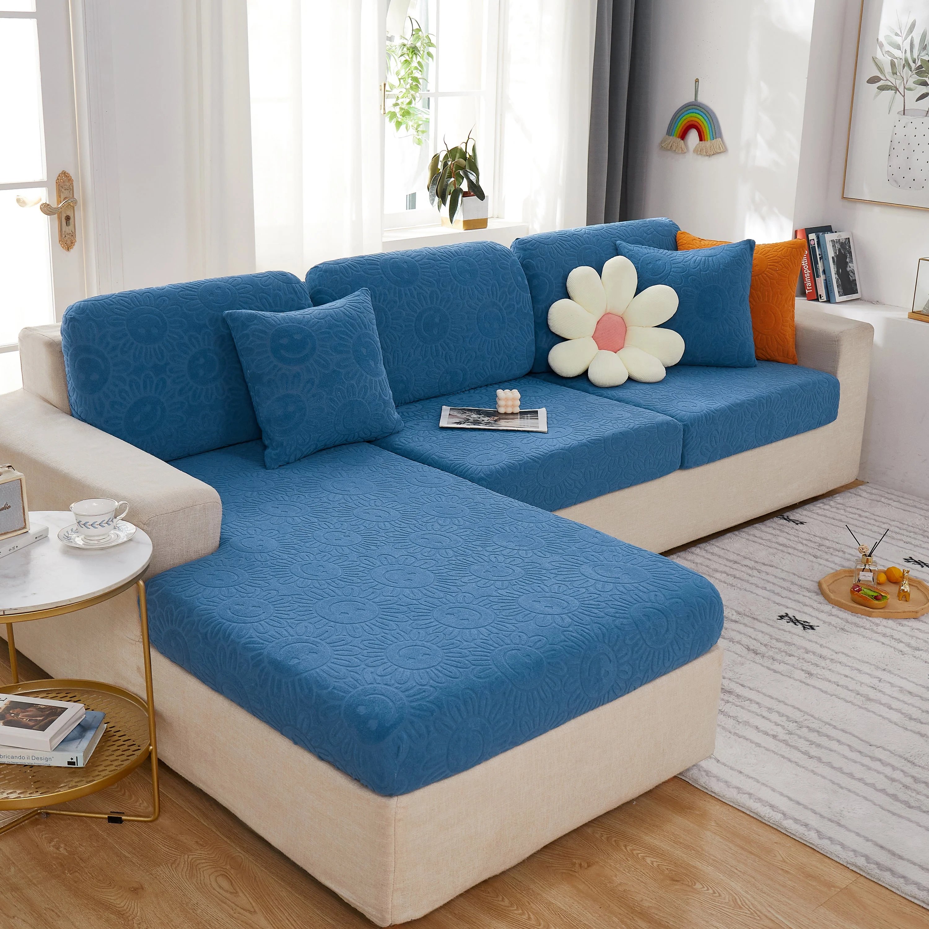 Sunflower Jacquard Fleece Stretchable Cushion Cover, Non-Slip Furniture Covers for Pets, L Shaped Couch Cushion Covers - Image 26