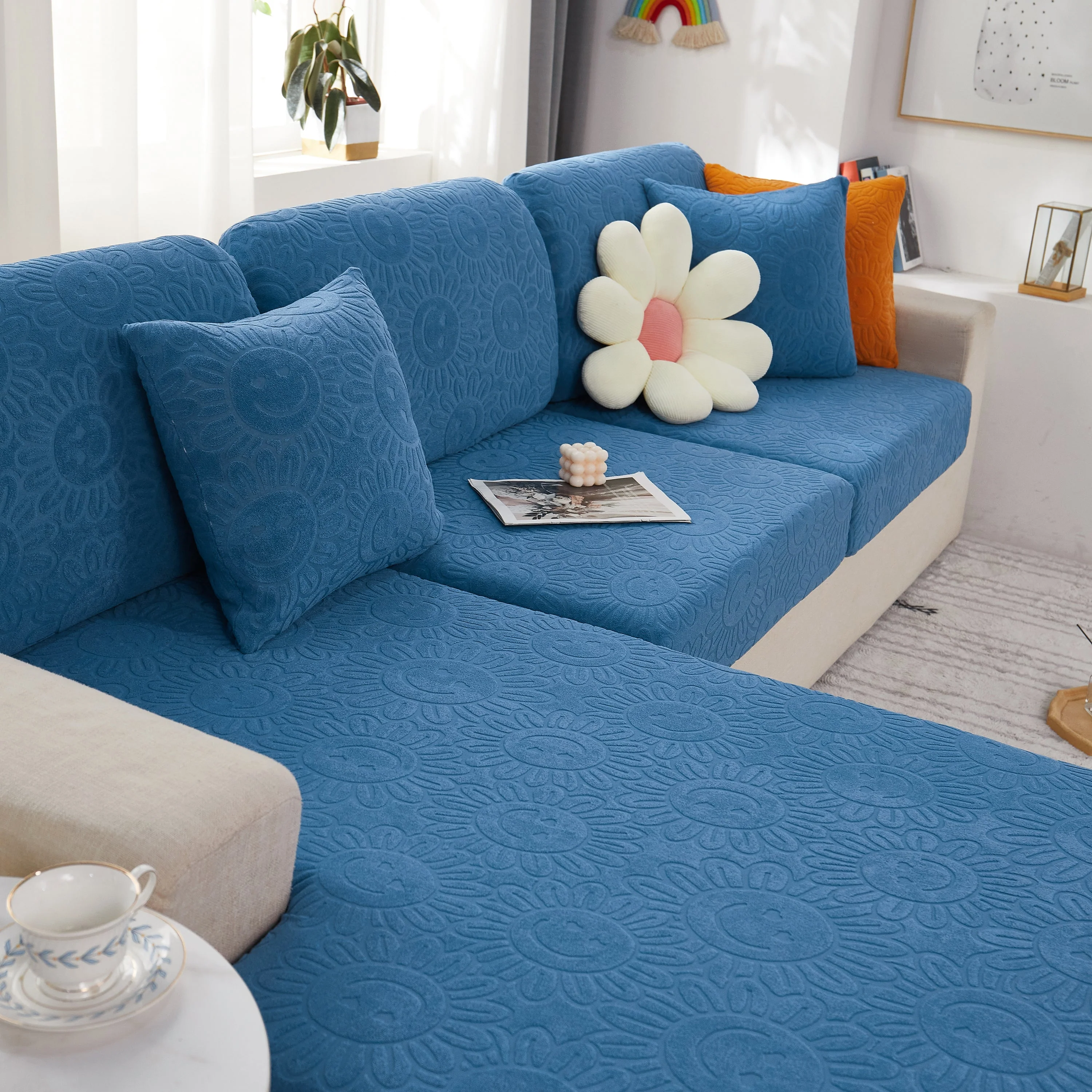 Sunflower Jacquard Fleece Stretchable Cushion Cover, Non-Slip Furniture Covers for Pets, L Shaped Couch Cushion Covers - Image 27