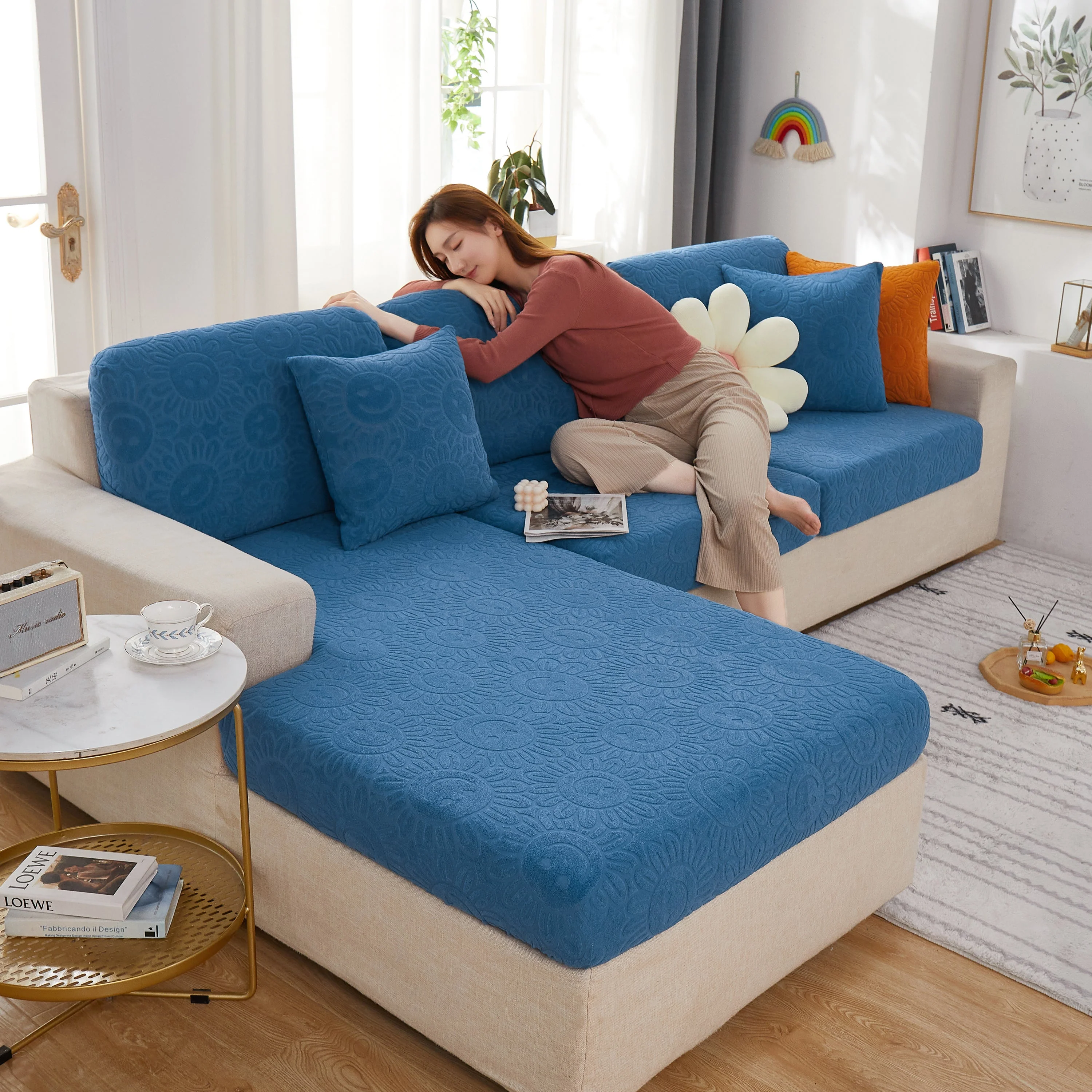 Sunflower Jacquard Fleece Stretchable Cushion Cover, Non-Slip Furniture Covers for Pets, L Shaped Couch Cushion Covers - Image 28