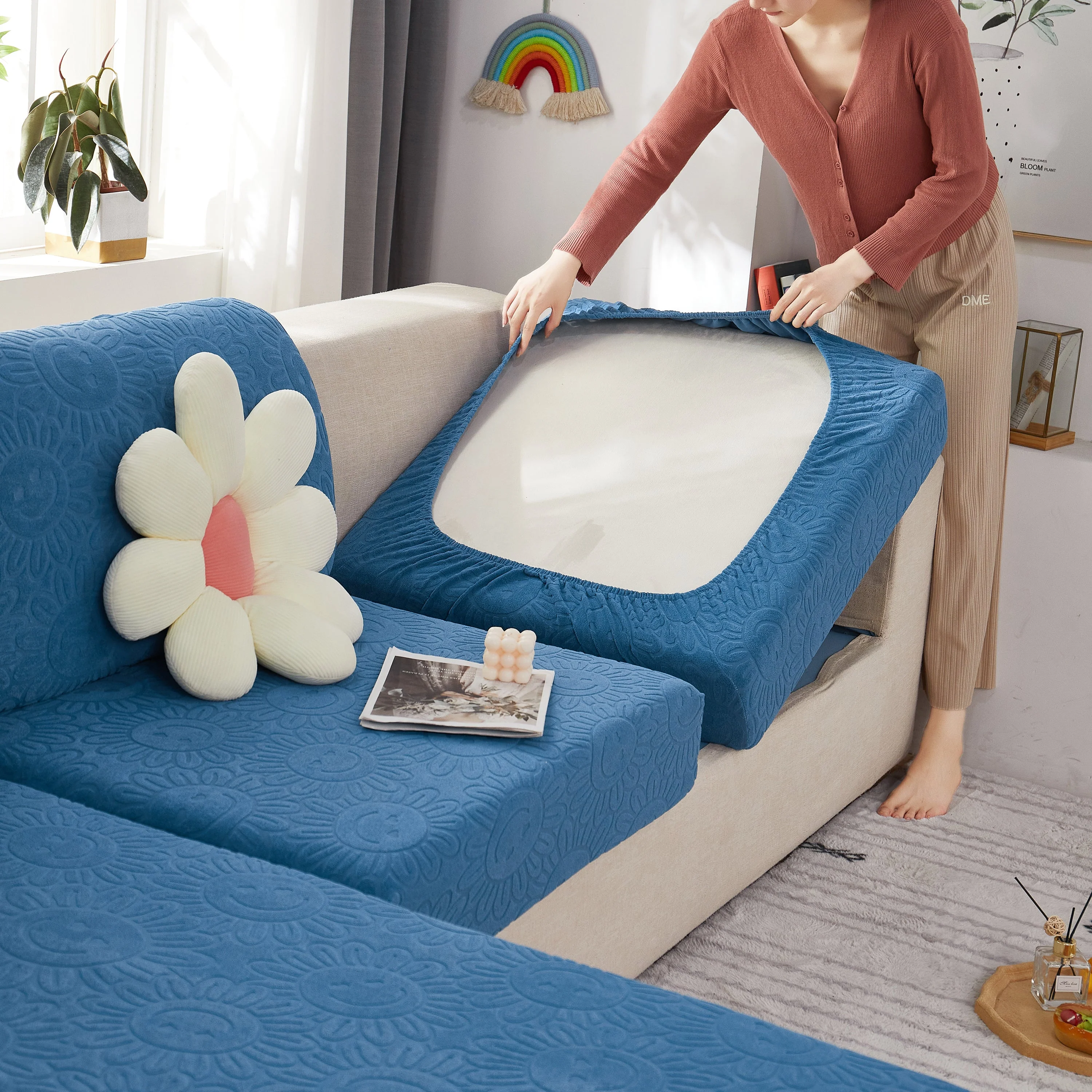 Sunflower Jacquard Fleece Stretchable Cushion Cover, Non-Slip Furniture Covers for Pets, L Shaped Couch Cushion Covers - Image 30