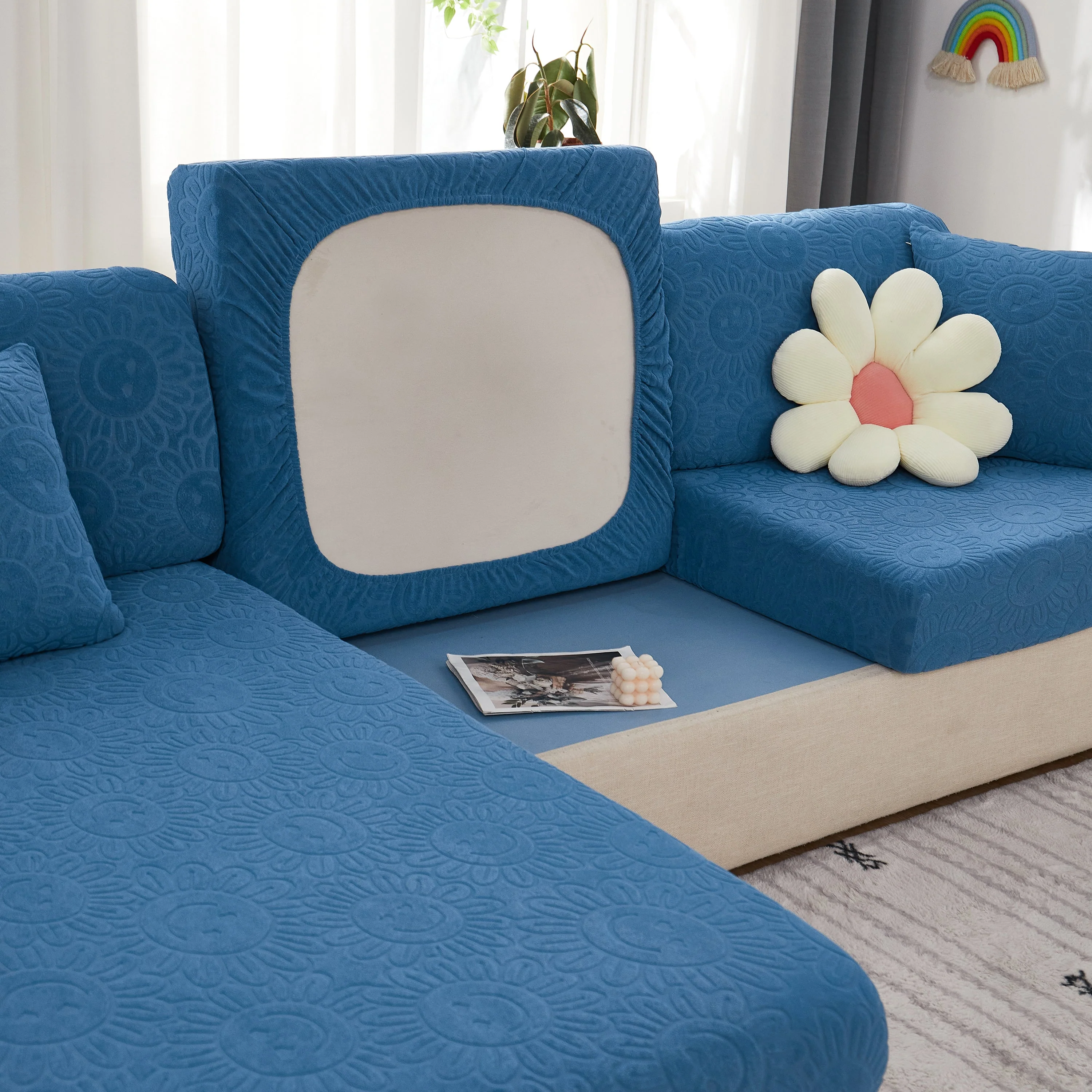 Sunflower Jacquard Fleece Stretchable Cushion Cover, Non-Slip Furniture Covers for Pets, L Shaped Couch Cushion Covers - Image 31