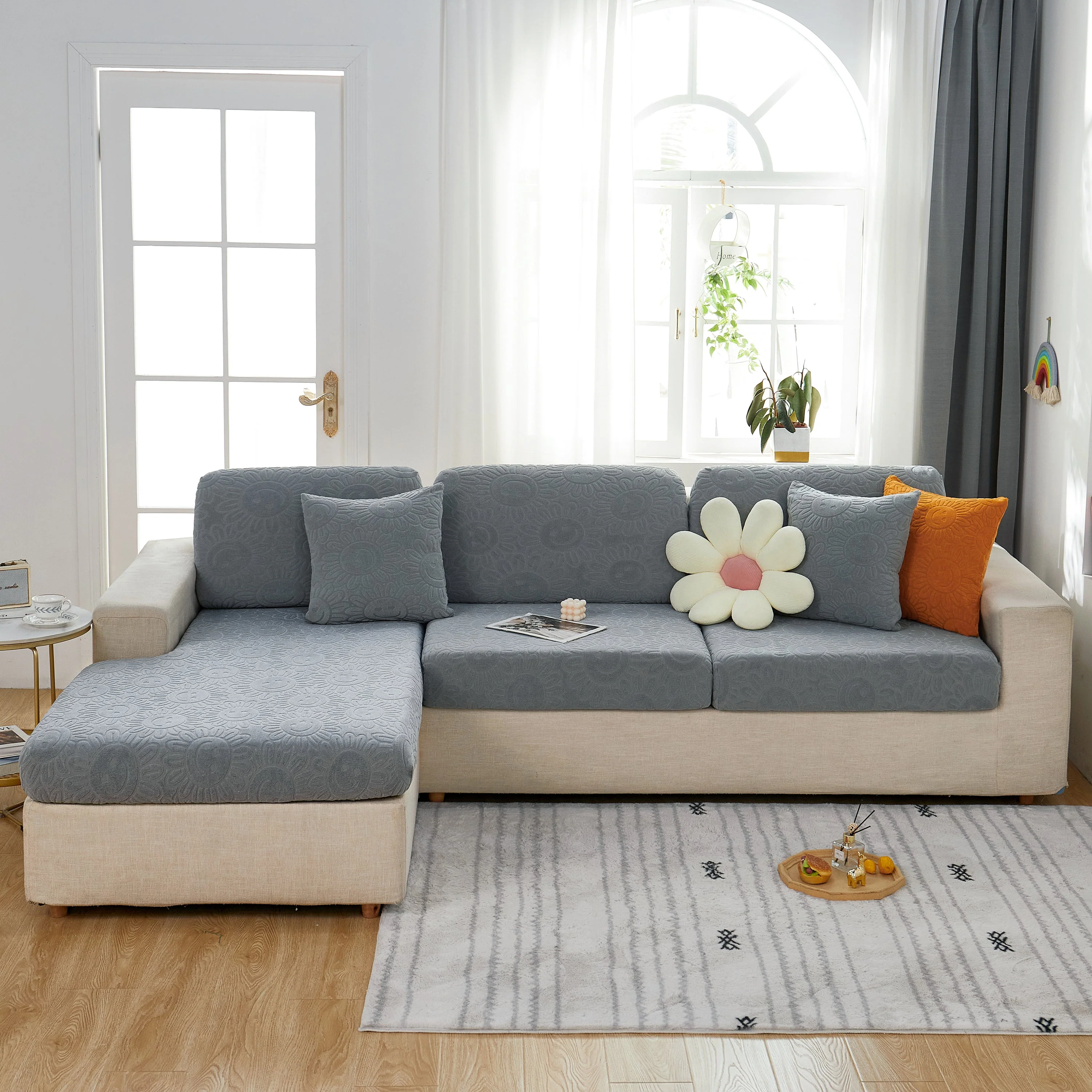 Sunflower Jacquard Fleece Stretchable Cushion Cover, Non-Slip Furniture Covers for Pets, L Shaped Couch Cushion Covers - Image 36