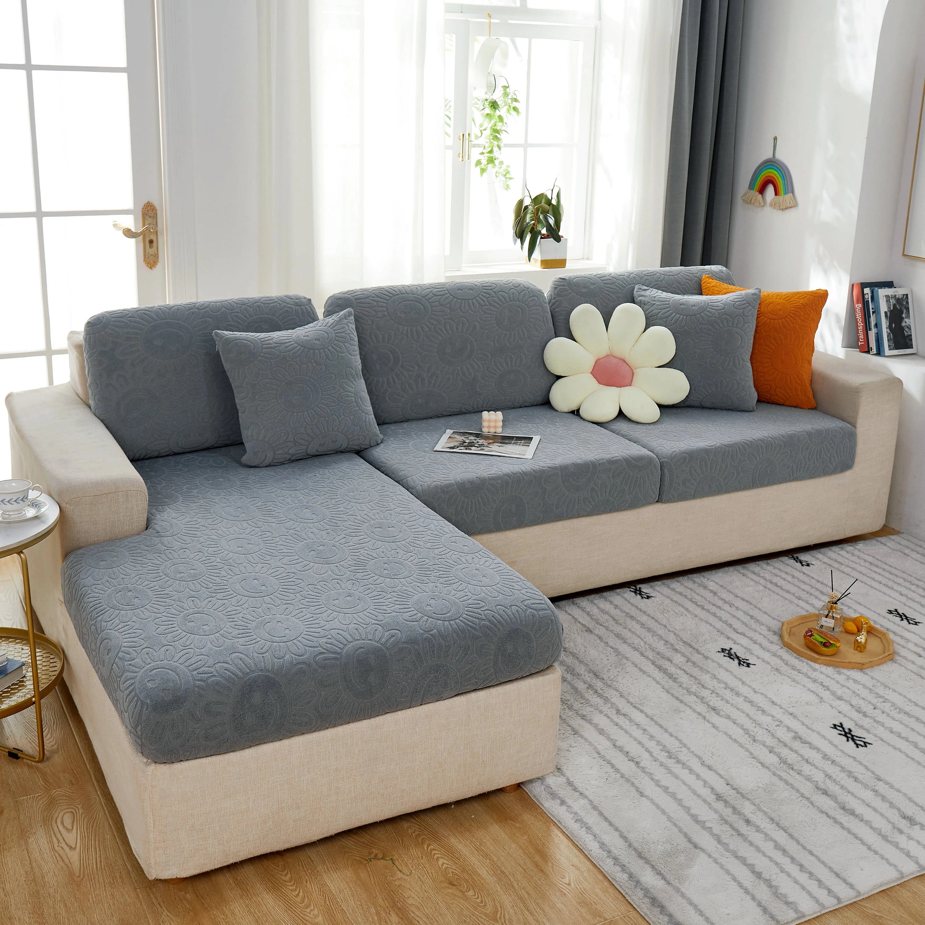 Sunflower Jacquard Fleece Stretchable Cushion Cover, Non-Slip Furniture Covers for Pets, L Shaped Couch Cushion Covers - Image 37