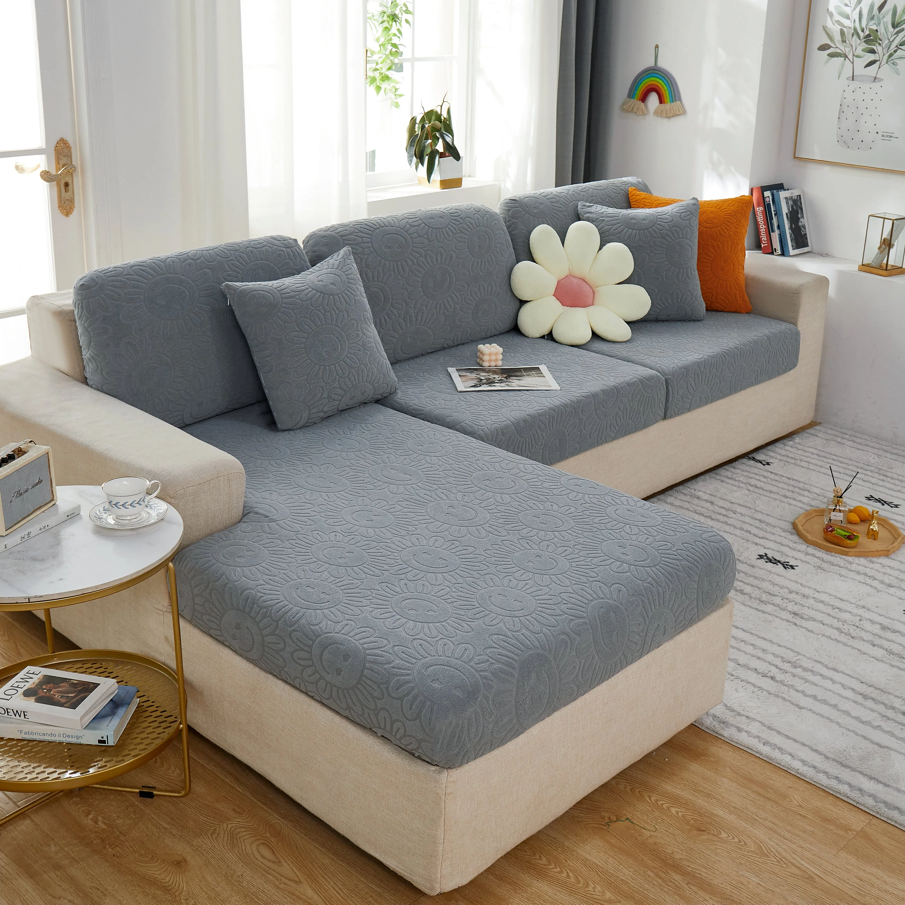 Sunflower Jacquard Fleece Stretchable Cushion Cover, Non-Slip Furniture Covers for Pets, L Shaped Couch Cushion Covers - Image 38