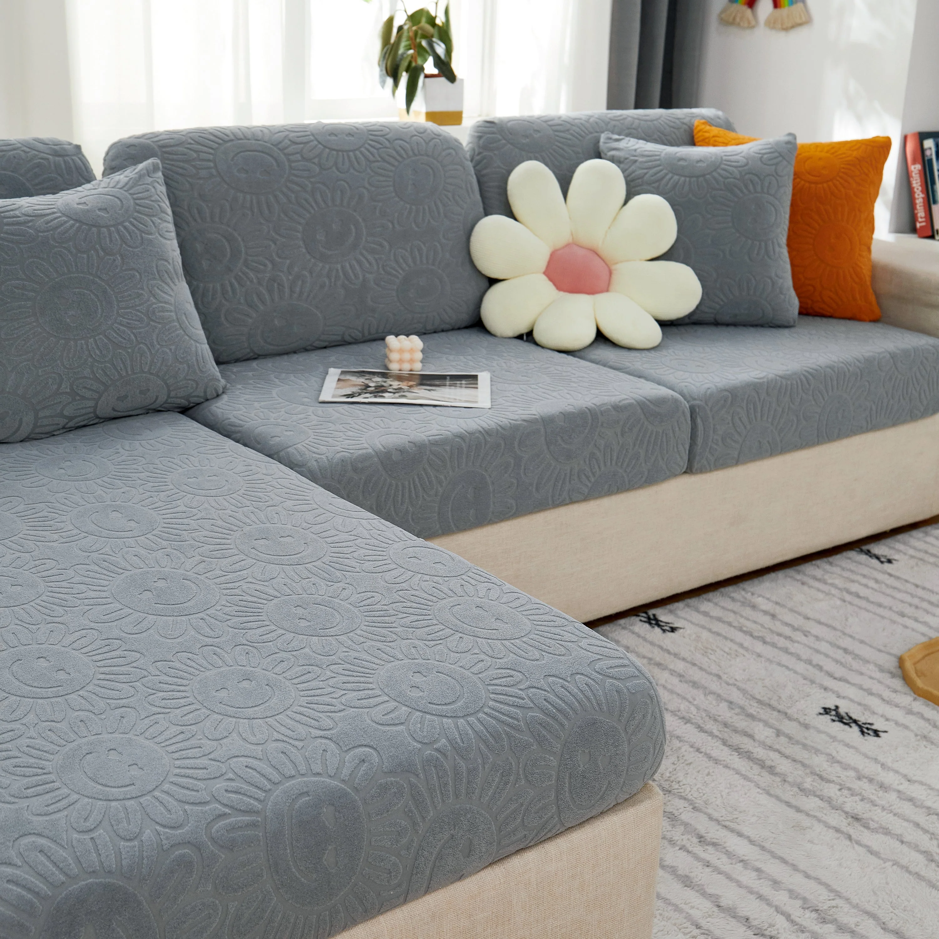 Sunflower Jacquard Fleece Stretchable Cushion Cover, Non-Slip Furniture Covers for Pets, L Shaped Couch Cushion Covers - Image 39