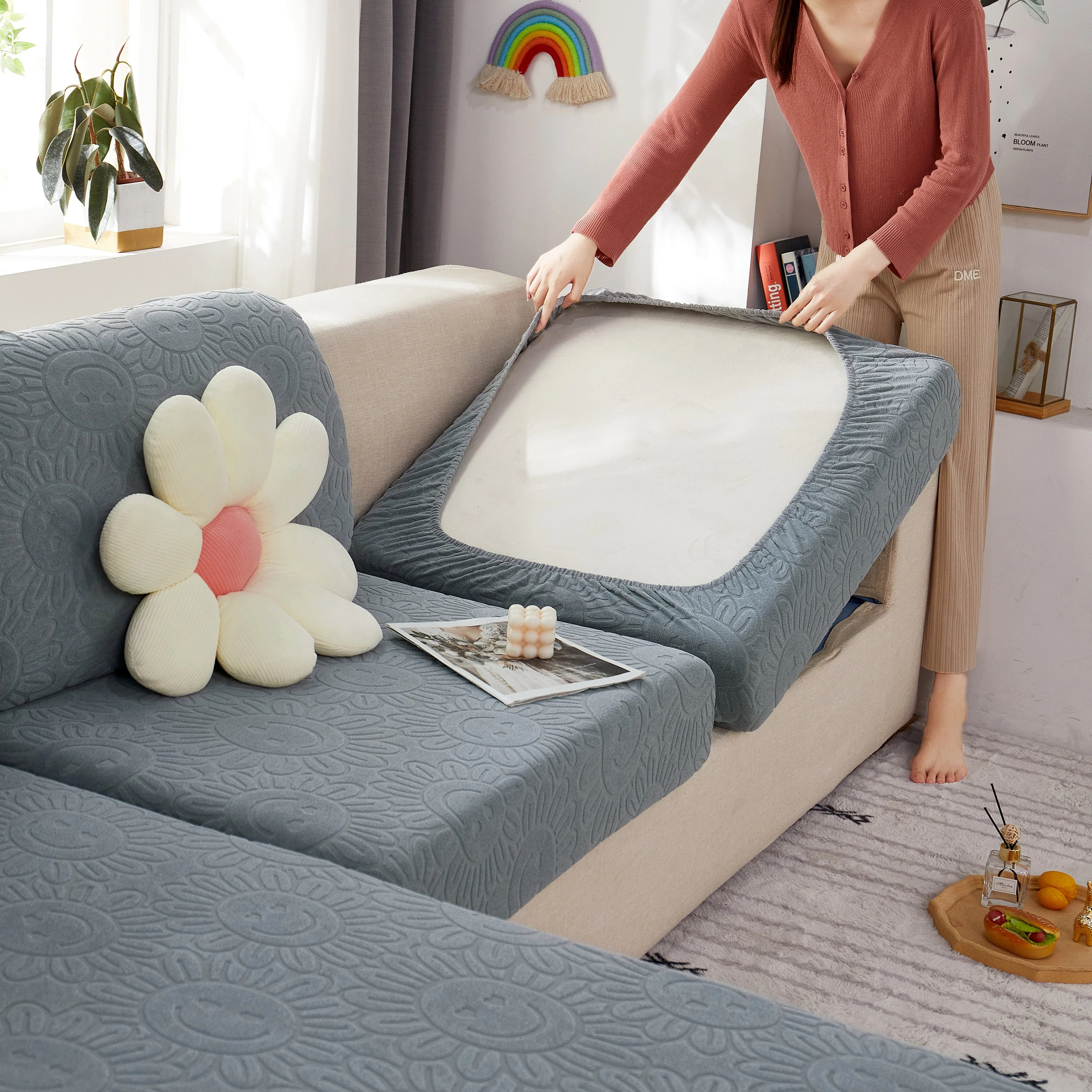 Sunflower Jacquard Fleece Stretchable Cushion Cover, Non-Slip Furniture Covers for Pets, L Shaped Couch Cushion Covers - Image 43