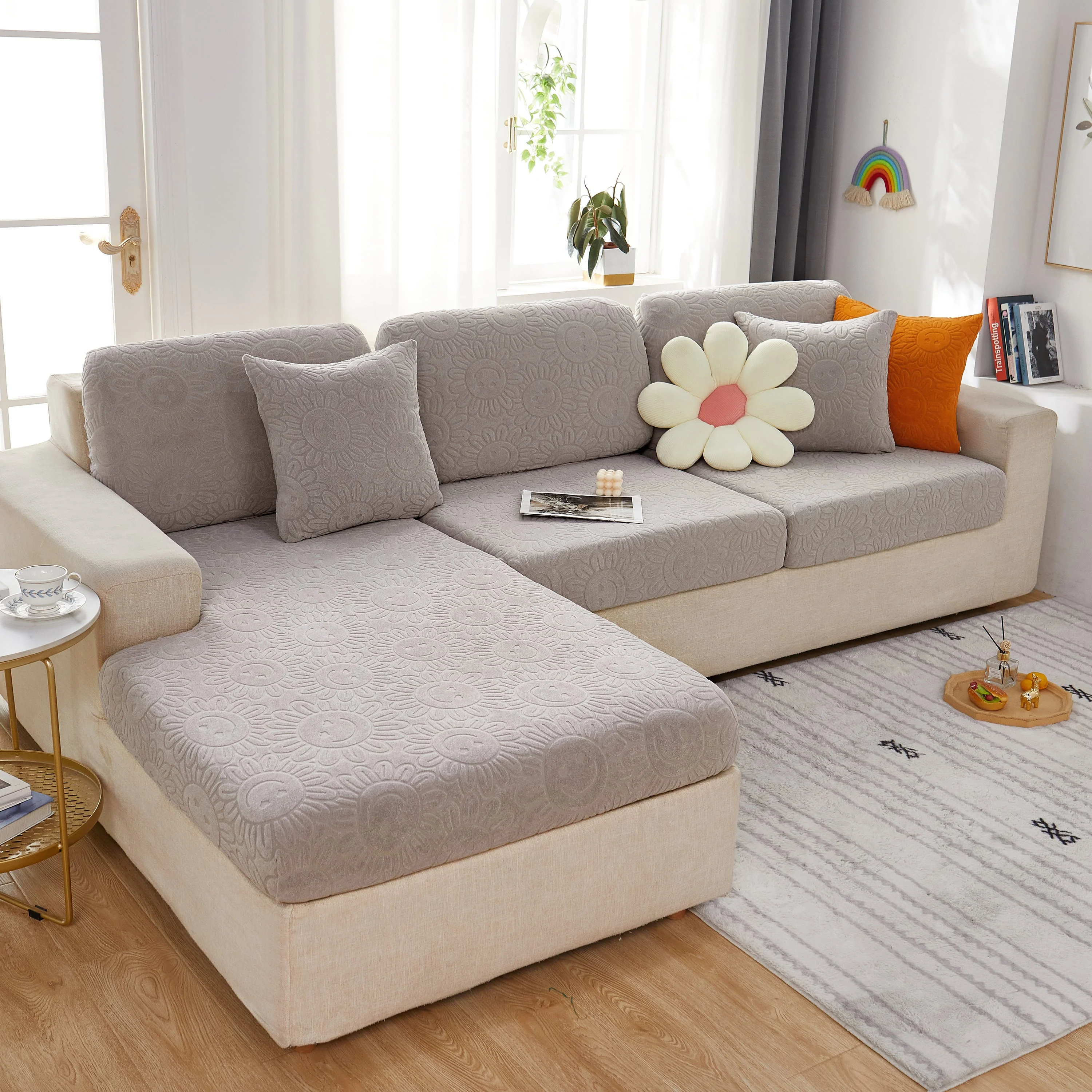 Sunflower Jacquard Fleece Stretchable Cushion Cover, Non-Slip Furniture Covers for Pets, L Shaped Couch Cushion Covers - Image 49