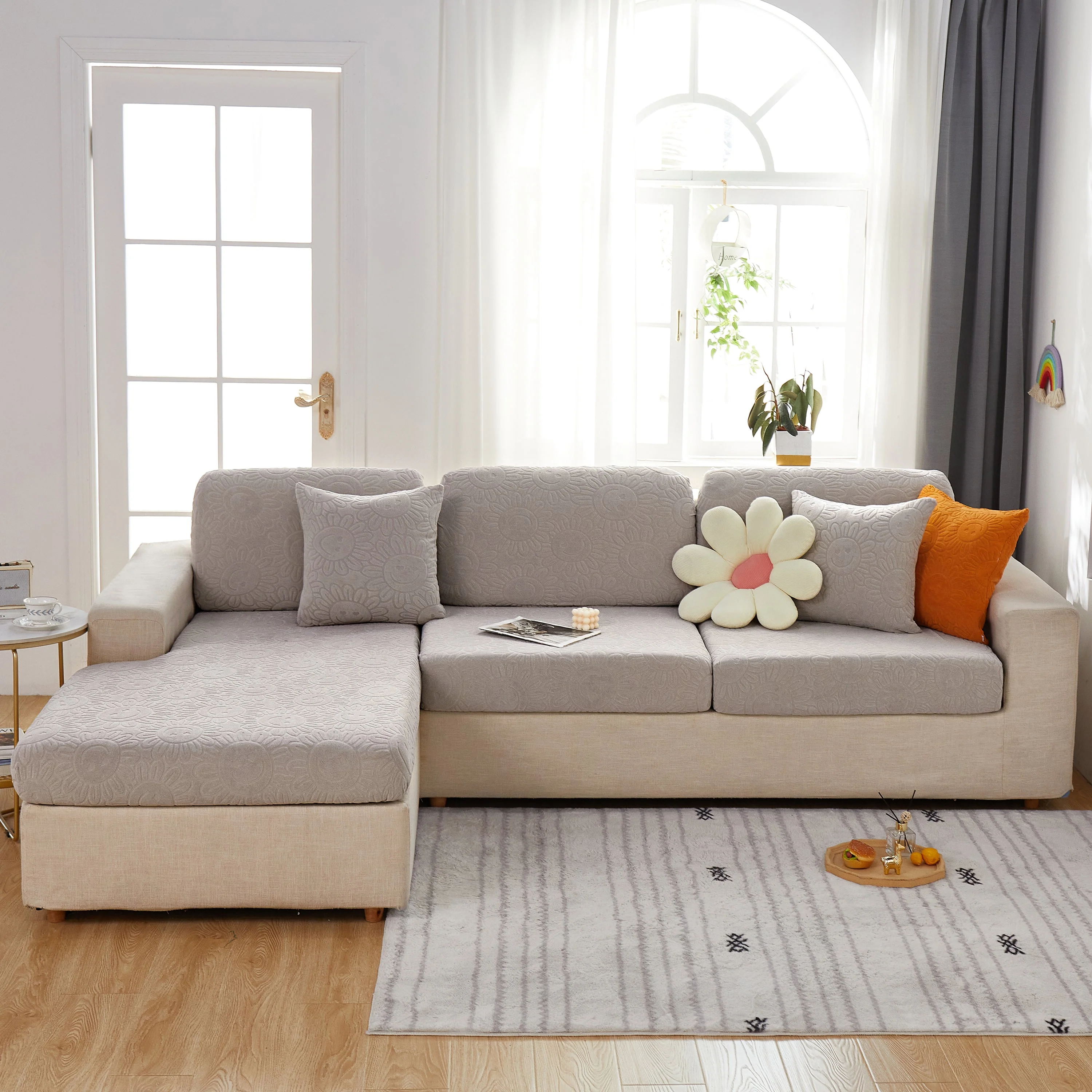 Sunflower Jacquard Fleece Stretchable Cushion Cover, Non-Slip Furniture Covers for Pets, L Shaped Couch Cushion Covers - Image 50