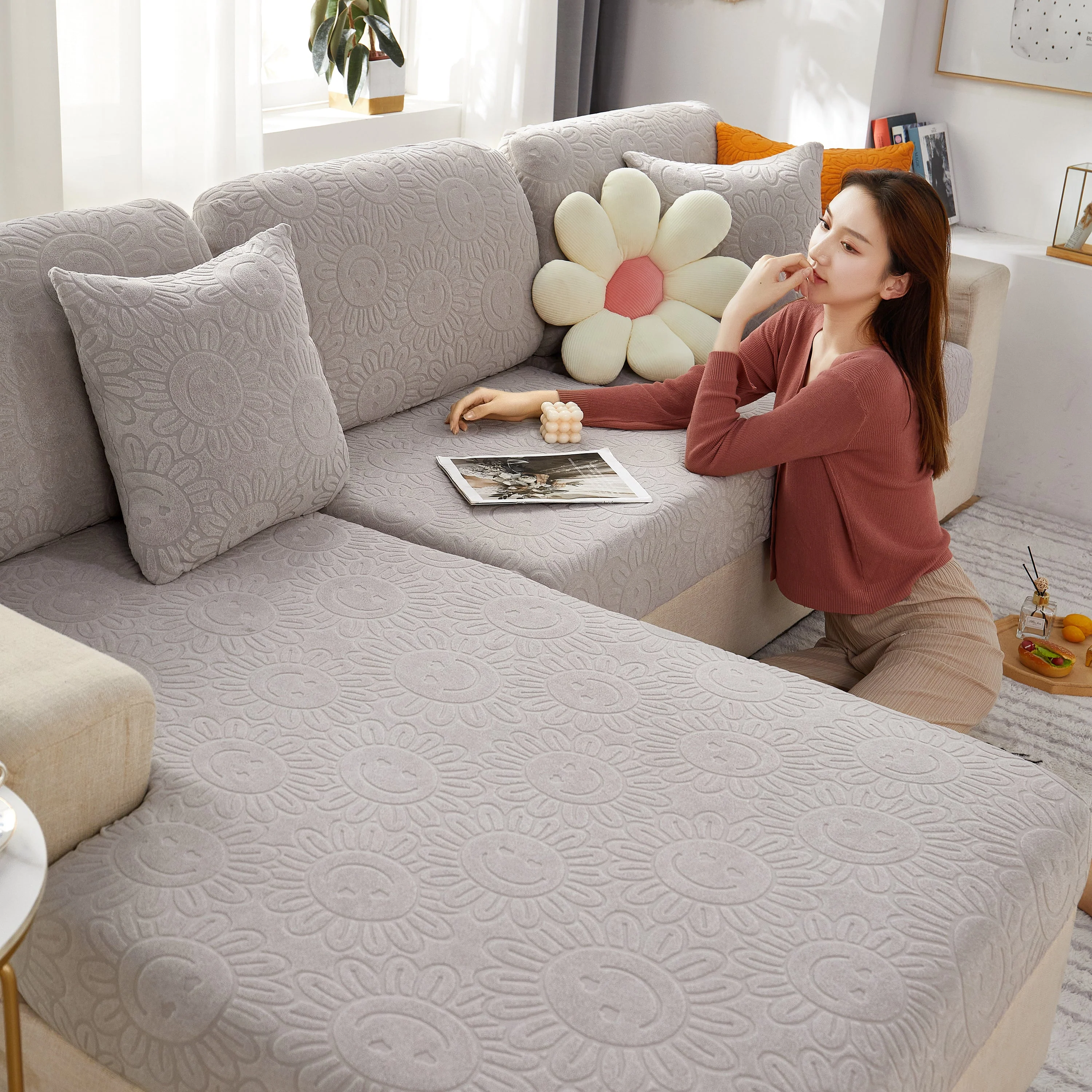 Sunflower Jacquard Fleece Stretchable Cushion Cover, Non-Slip Furniture Covers for Pets, L Shaped Couch Cushion Covers - Image 51
