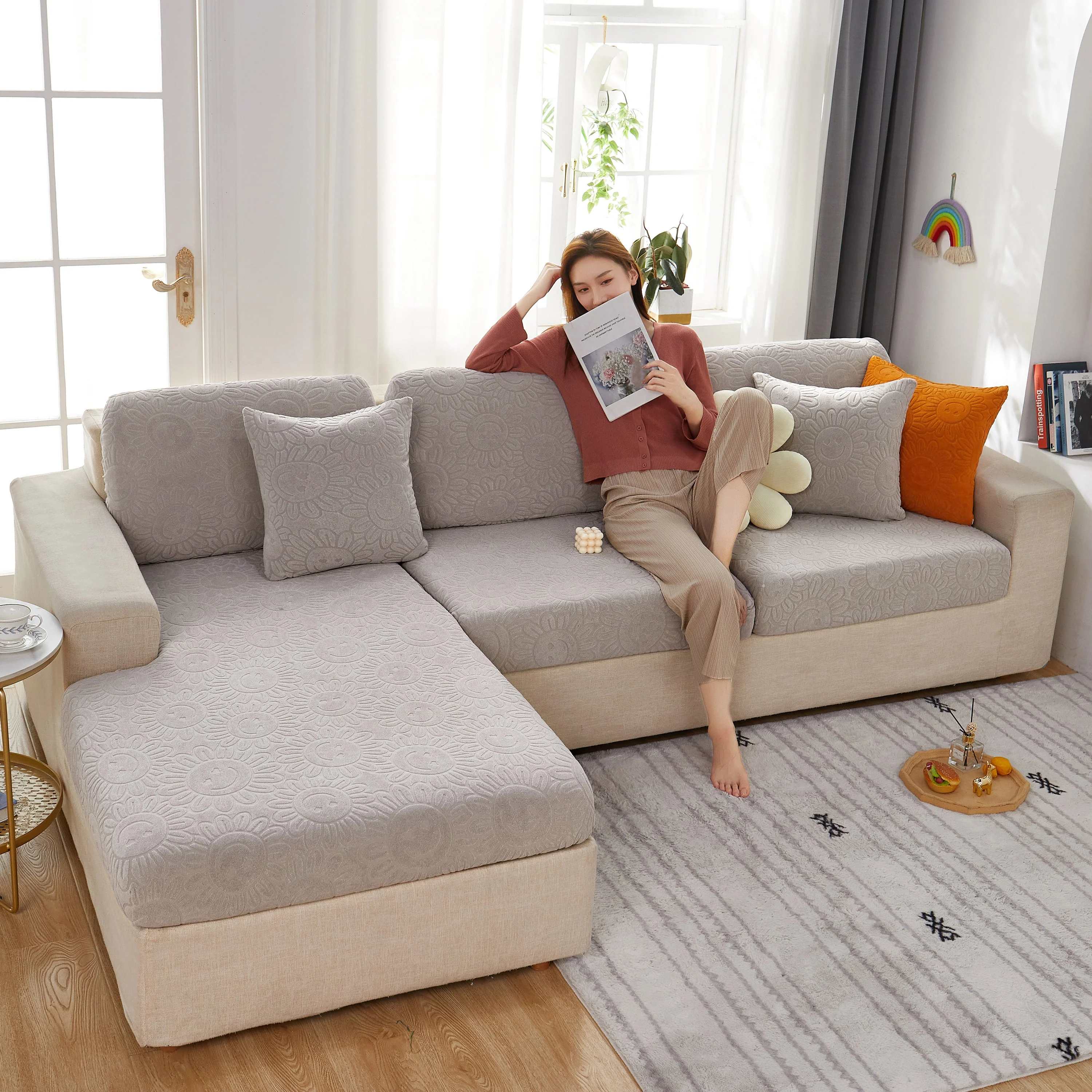 Sunflower Jacquard Fleece Stretchable Cushion Cover, Non-Slip Furniture Covers for Pets, L Shaped Couch Cushion Covers - Image 52
