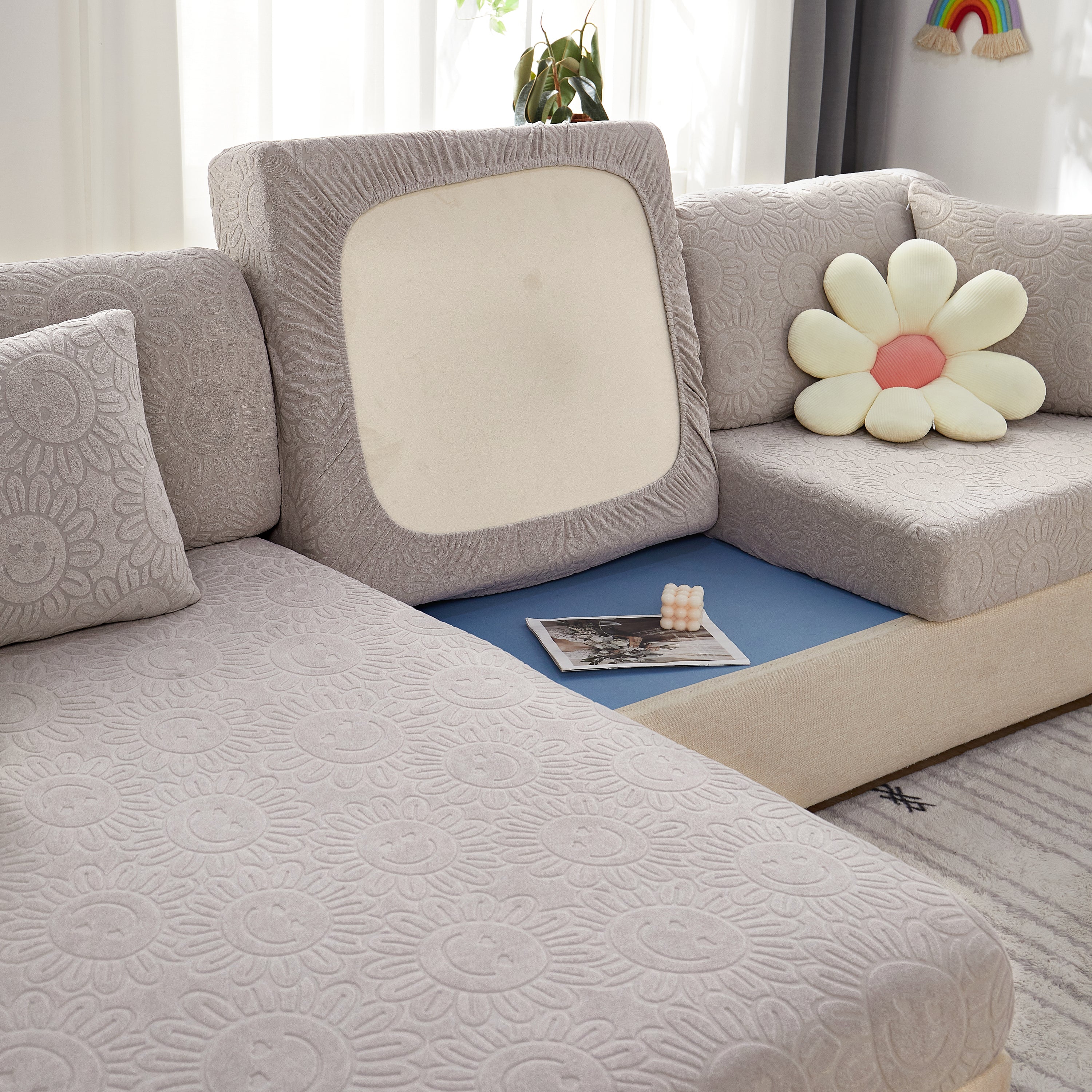Sunflower Jacquard Fleece Stretchable Cushion Cover, Non-Slip Furniture Covers for Pets, L Shaped Couch Cushion Covers - Image 55