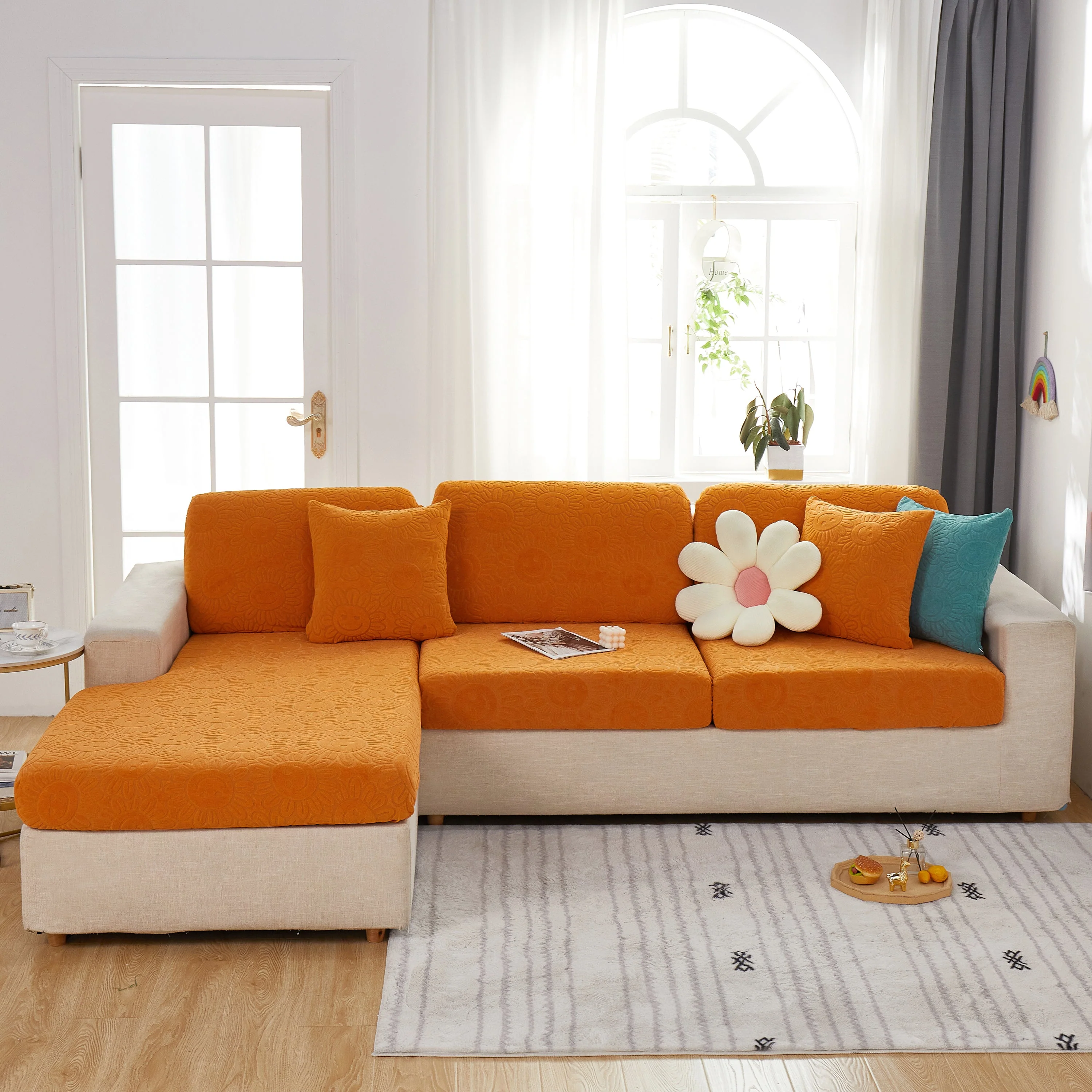 Sunflower Jacquard Fleece Stretchable Cushion Cover, Non-Slip Furniture Covers for Pets, L Shaped Couch Cushion Covers - Image 60