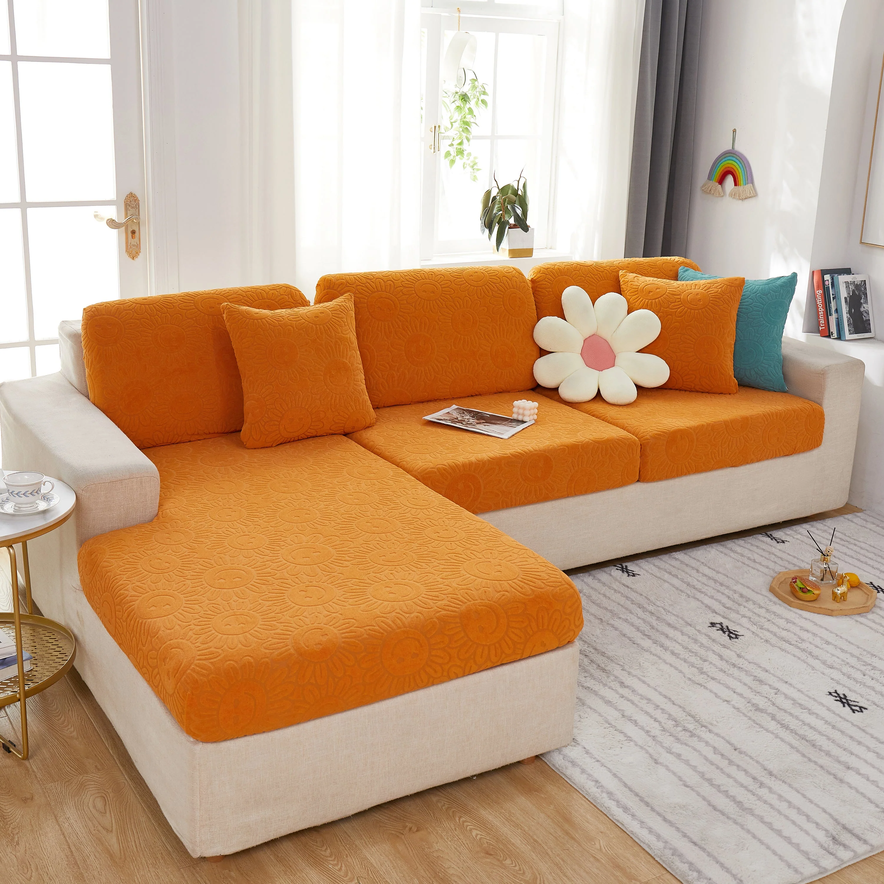 Sunflower Jacquard Fleece Stretchable Cushion Cover, Non-Slip Furniture Covers for Pets, L Shaped Couch Cushion Covers - Image 61