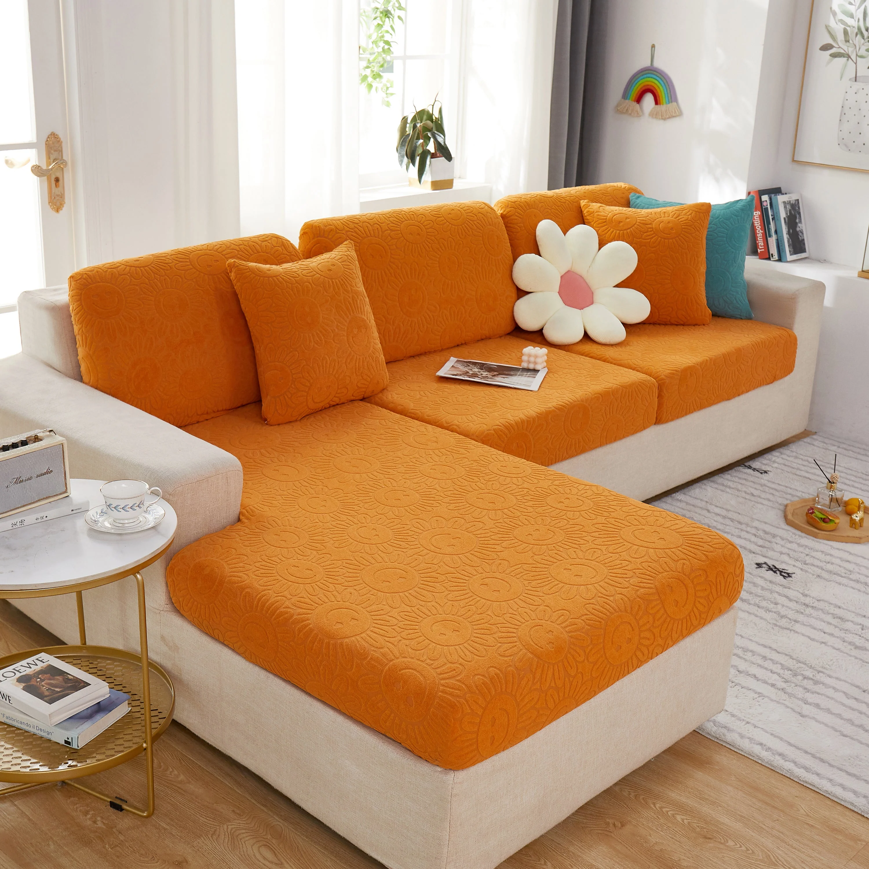 Sunflower Jacquard Fleece Stretchable Cushion Cover, Non-Slip Furniture Covers for Pets, L Shaped Couch Cushion Covers - Image 62