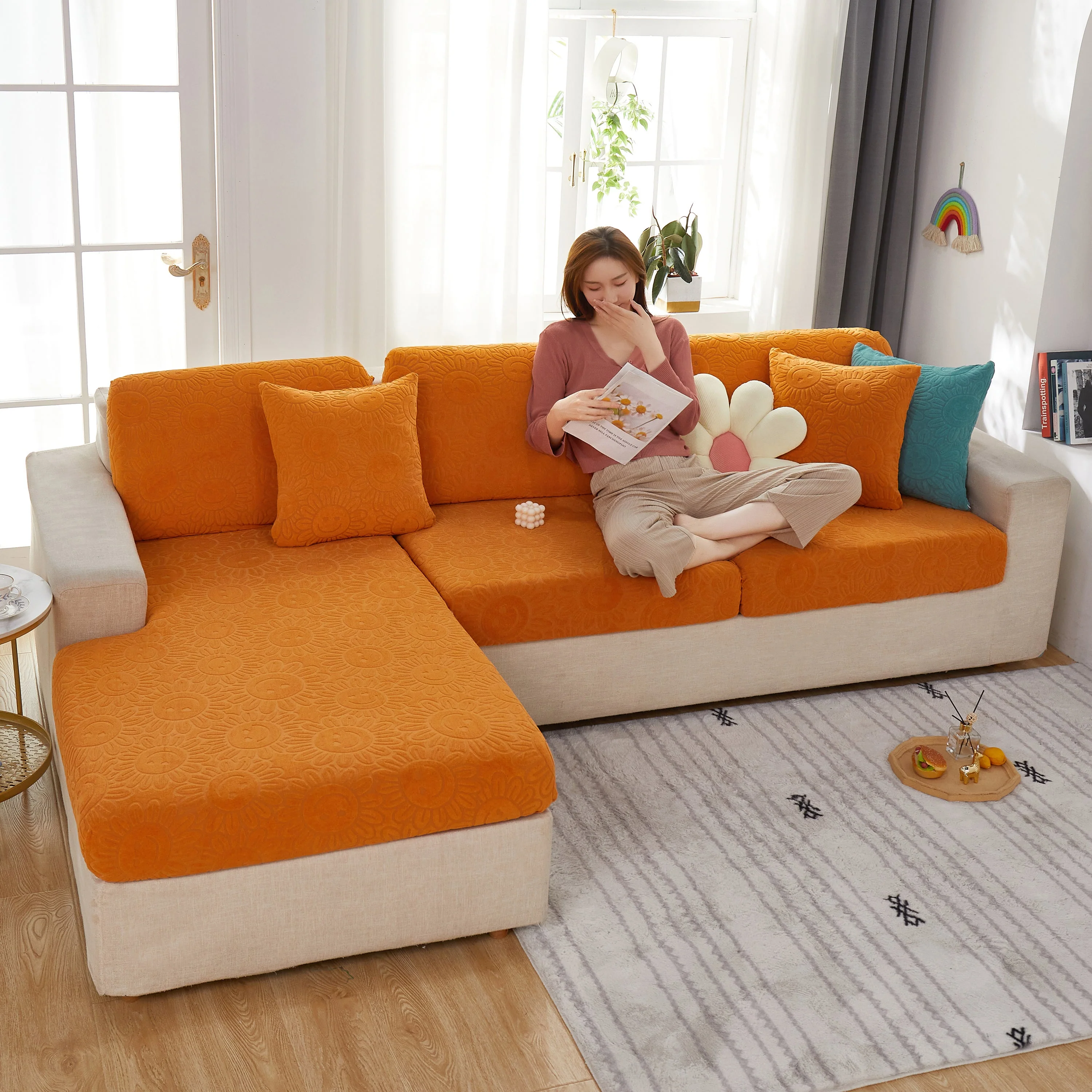 Sunflower Jacquard Fleece Stretchable Cushion Cover, Non-Slip Furniture Covers for Pets, L Shaped Couch Cushion Covers - Image 64