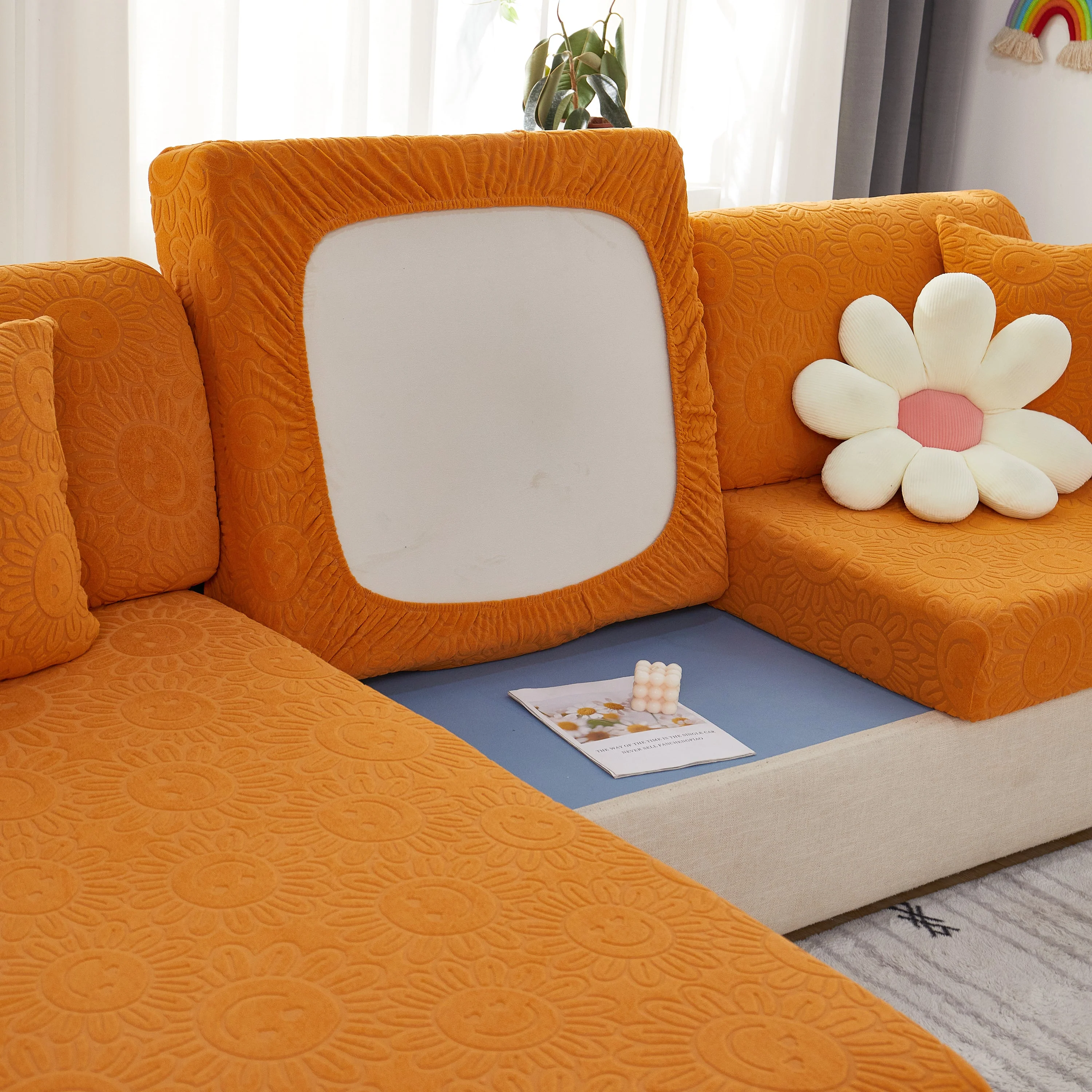 Sunflower Jacquard Fleece Stretchable Cushion Cover, Non-Slip Furniture Covers for Pets, L Shaped Couch Cushion Covers - Image 67