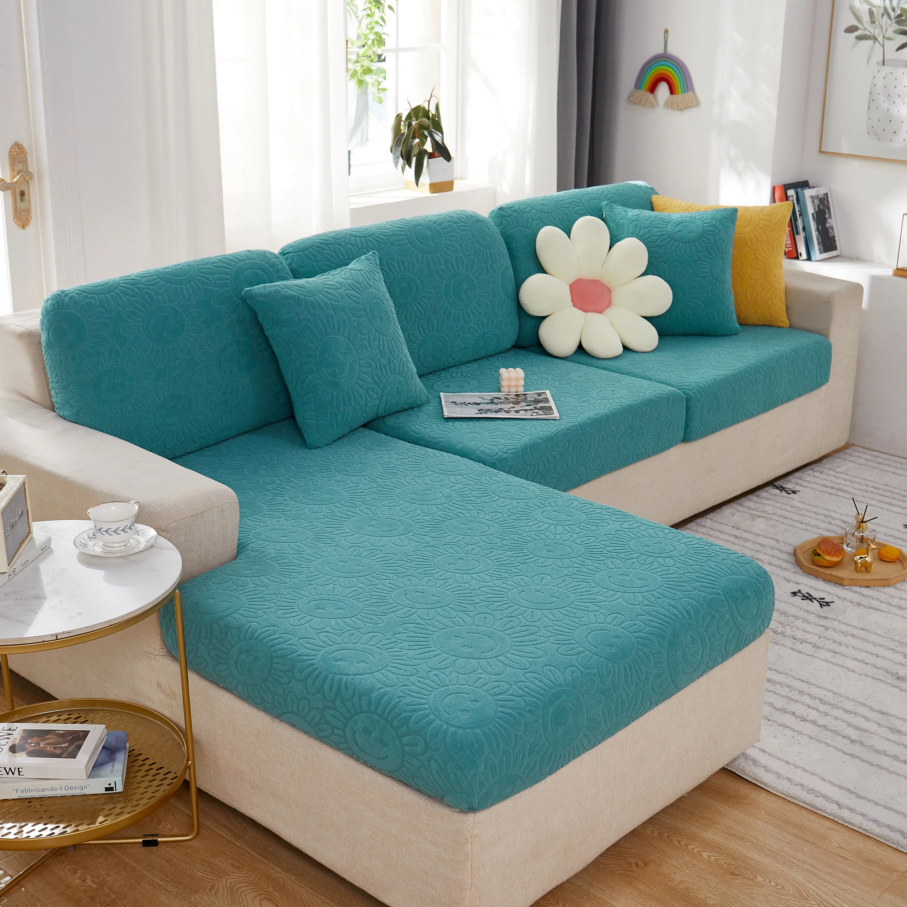 Sunflower Jacquard Fleece Stretchable Cushion Cover, Non-Slip Furniture Covers for Pets, L Shaped Couch Cushion Covers - Image 7