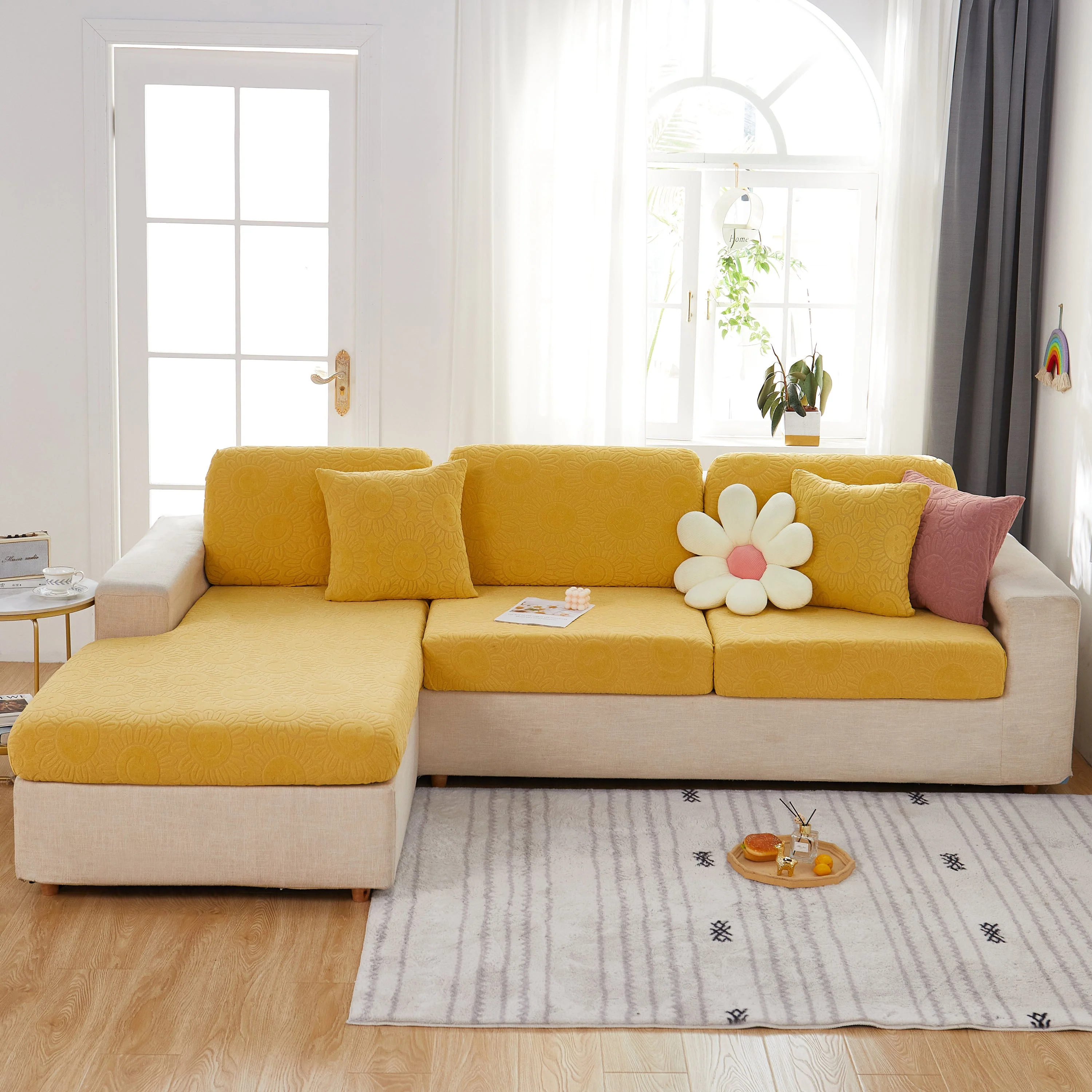 Sunflower Jacquard Fleece Stretchable Cushion Cover, Non-Slip Furniture Covers for Pets, L Shaped Couch Cushion Covers - Image 72