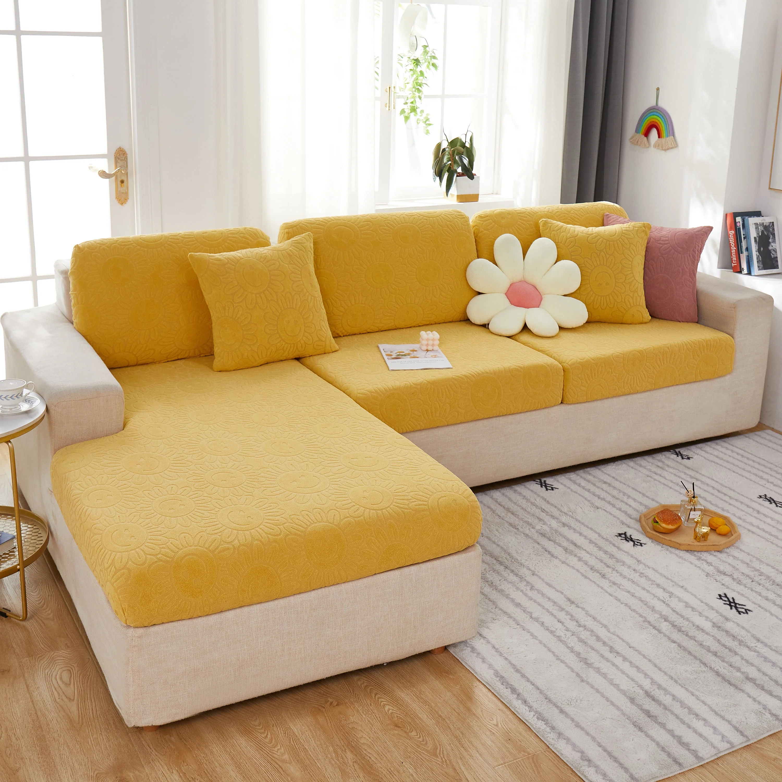 Sunflower Jacquard Fleece Stretchable Cushion Cover, Non-Slip Furniture Covers for Pets, L Shaped Couch Cushion Covers - Image 73