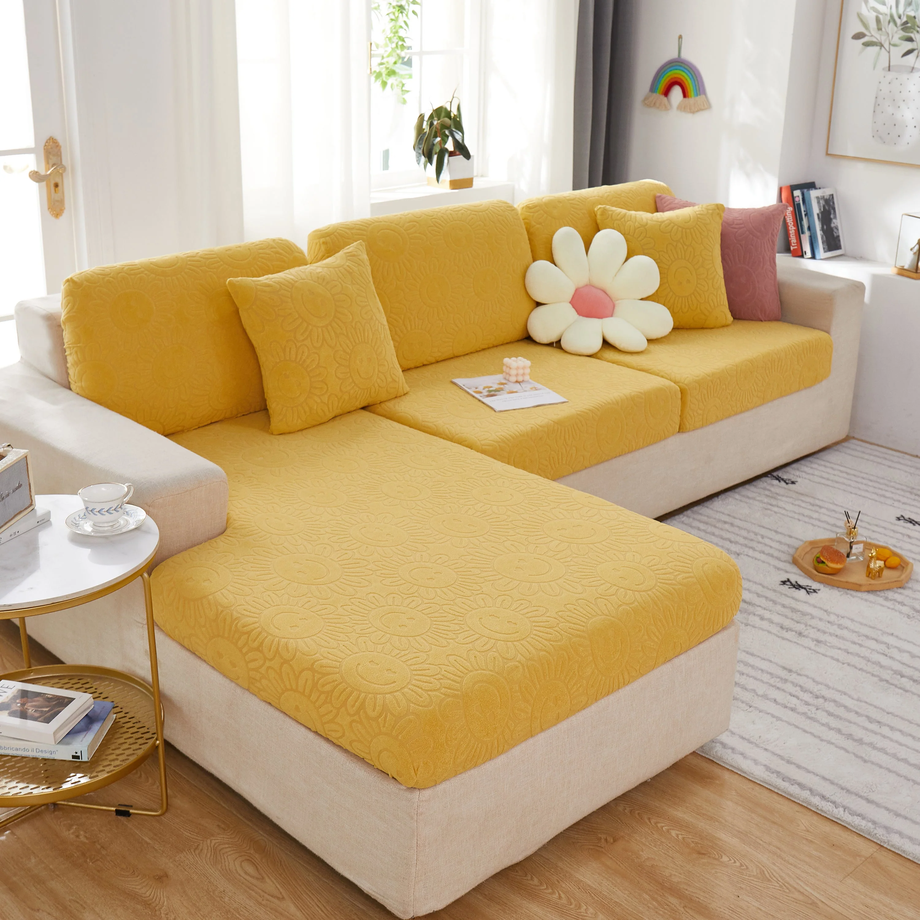 Sunflower Jacquard Fleece Stretchable Cushion Cover, Non-Slip Furniture Covers for Pets, L Shaped Couch Cushion Covers - Image 74