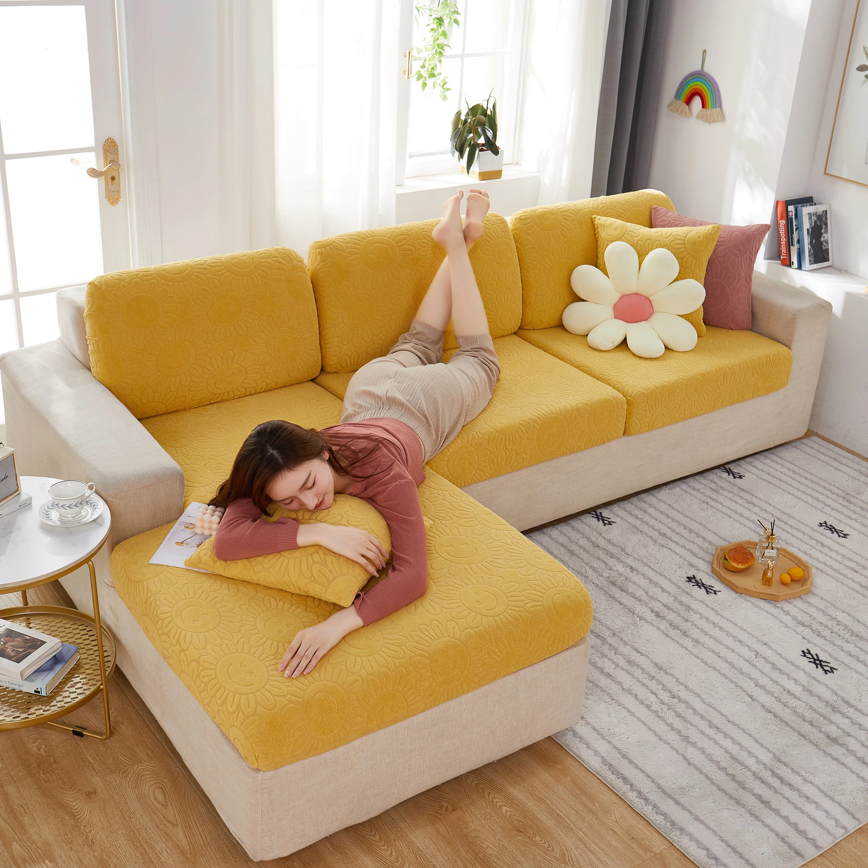 Sunflower Jacquard Fleece Stretchable Cushion Cover, Non-Slip Furniture Covers for Pets, L Shaped Couch Cushion Covers - Image 76