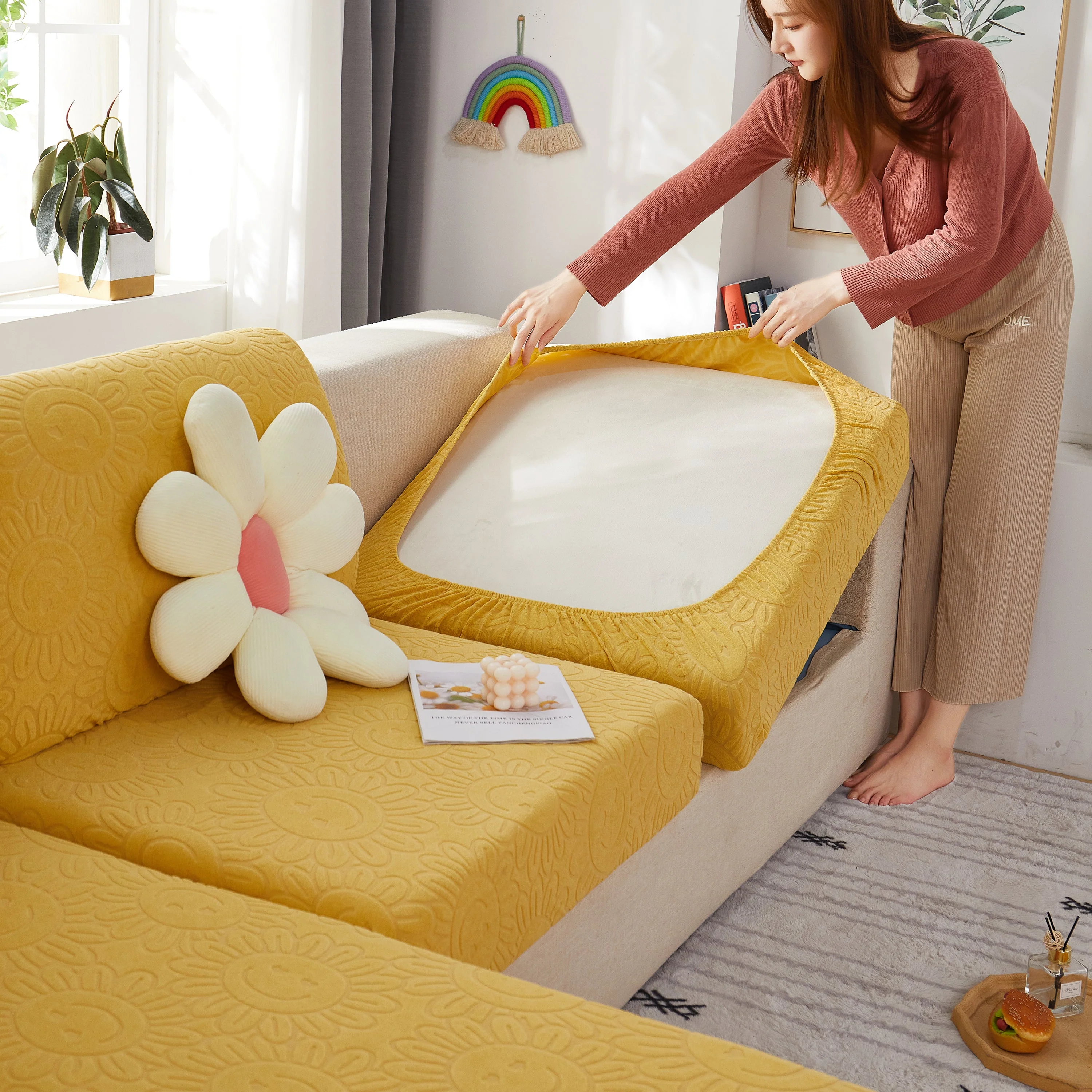 Sunflower Jacquard Fleece Stretchable Cushion Cover, Non-Slip Furniture Covers for Pets, L Shaped Couch Cushion Covers - Image 78