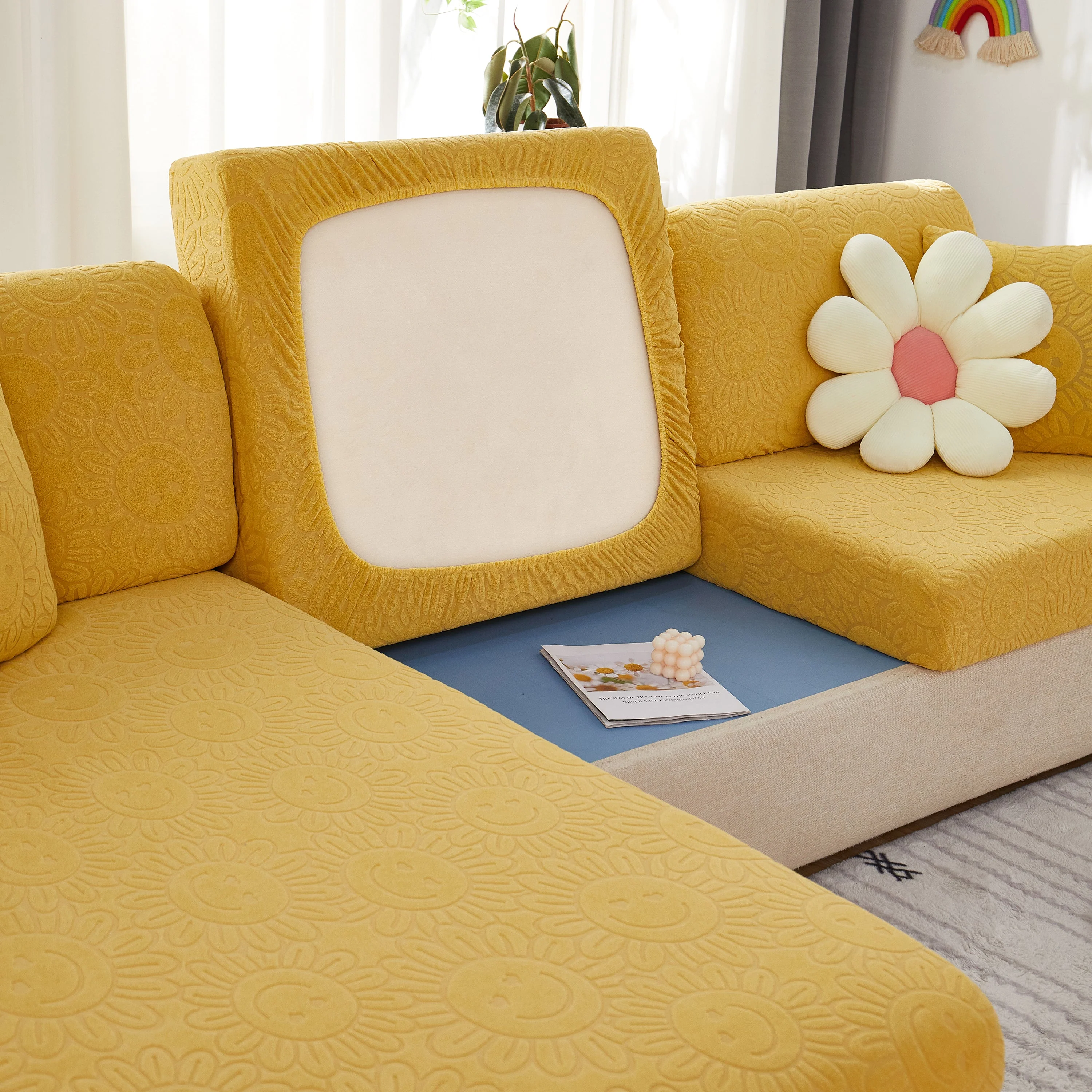 Sunflower Jacquard Fleece Stretchable Cushion Cover, Non-Slip Furniture Covers for Pets, L Shaped Couch Cushion Covers - Image 79