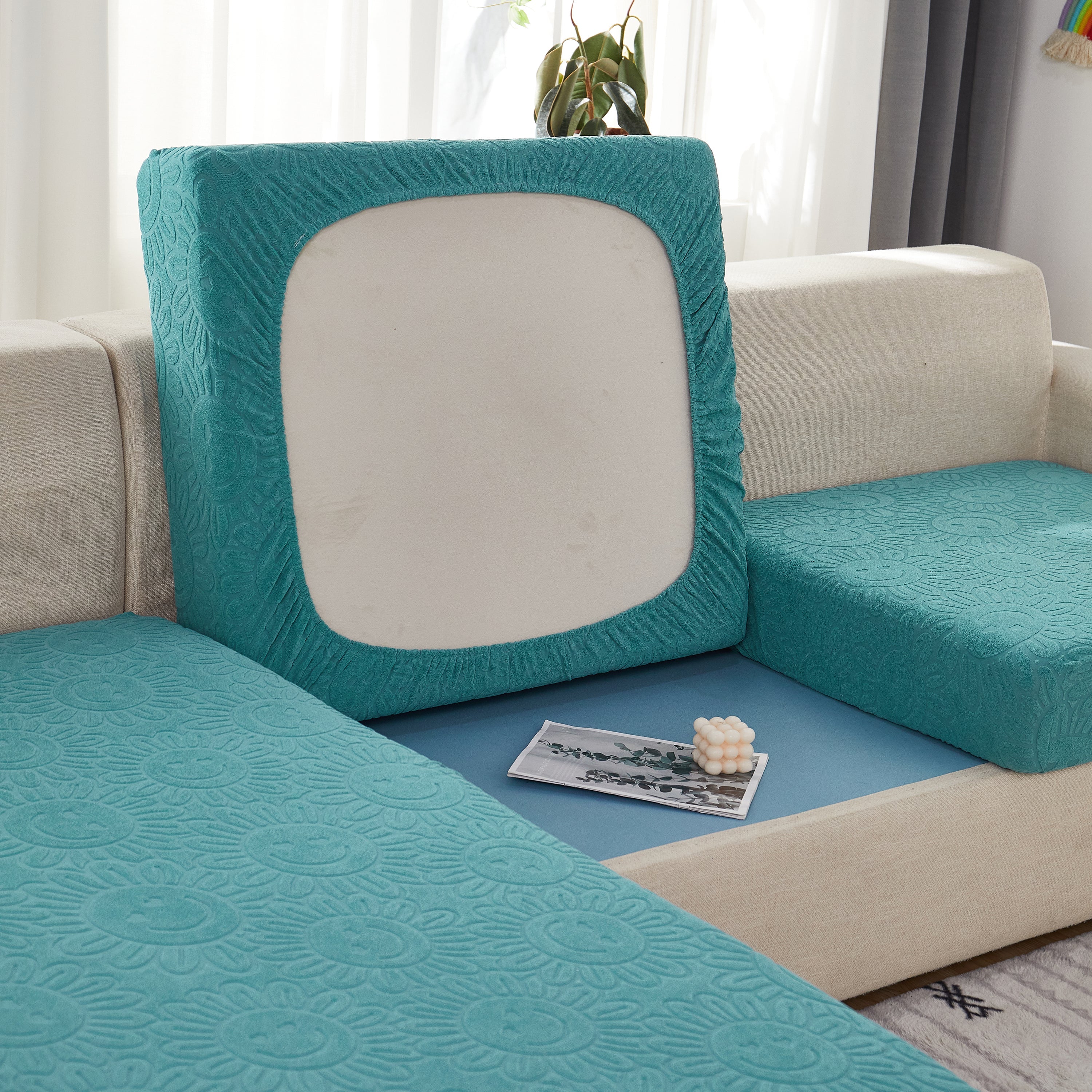 Sunflower Jacquard Fleece Stretchable Cushion Cover, Non-Slip Furniture Covers for Pets, L Shaped Couch Cushion Covers - Image 8