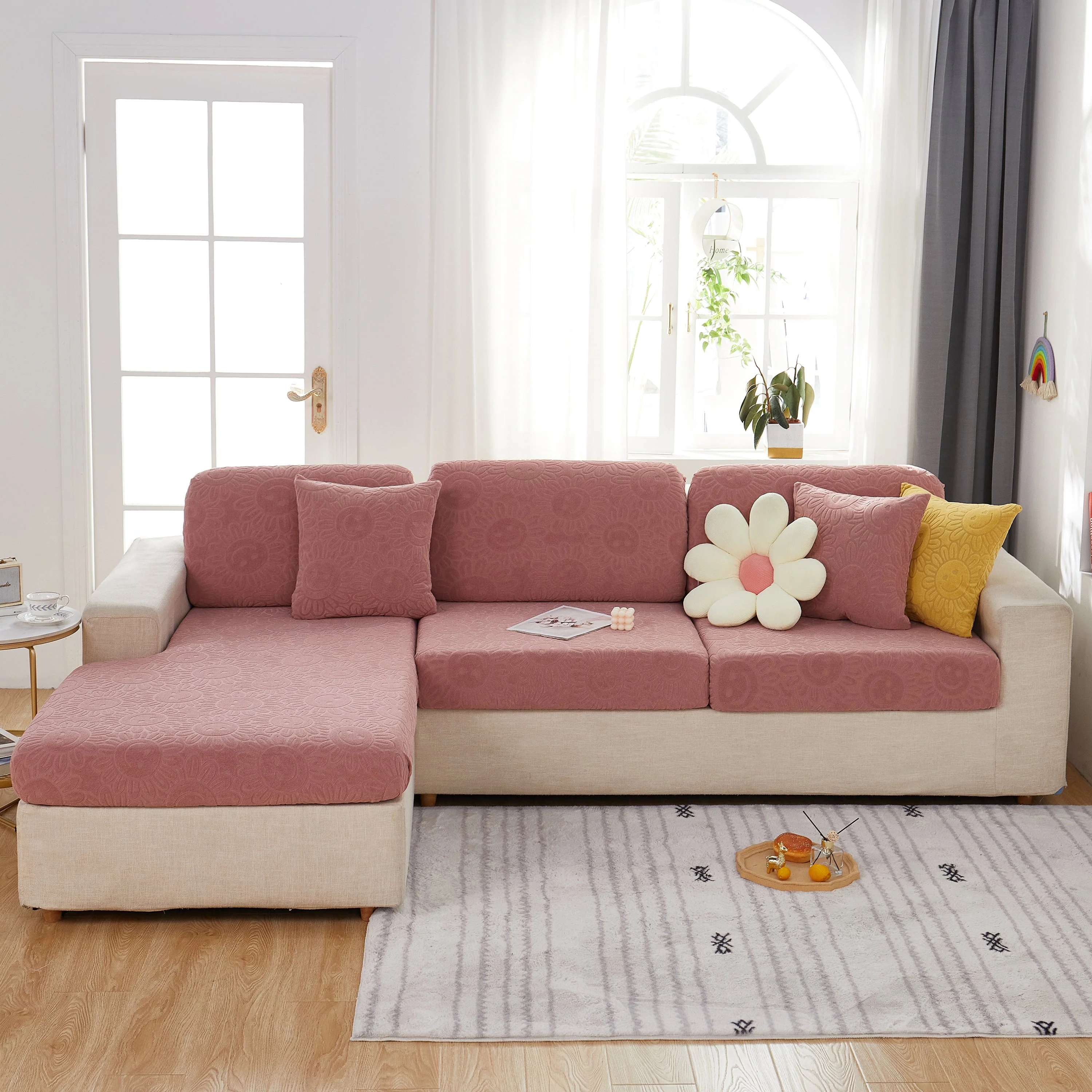 Sunflower Jacquard Fleece Stretchable Cushion Cover, Non-Slip Furniture Covers for Pets, L Shaped Couch Cushion Covers - Image 84