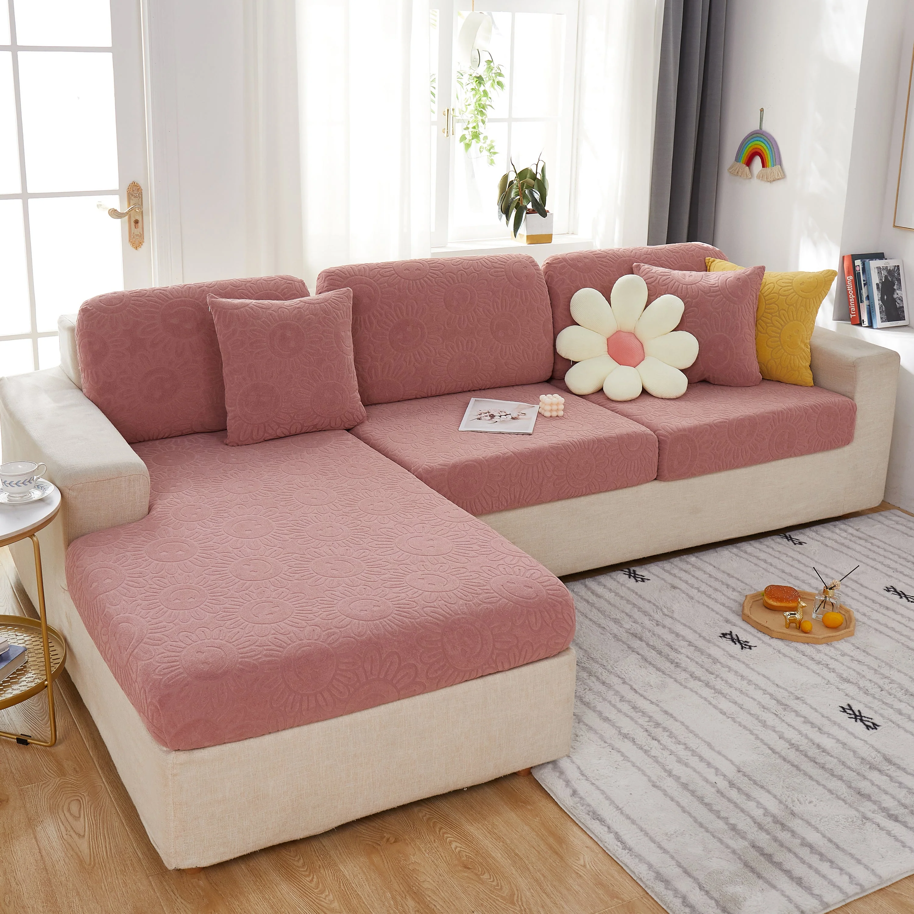 Sunflower Jacquard Fleece Stretchable Cushion Cover, Non-Slip Furniture Covers for Pets, L Shaped Couch Cushion Covers - Image 85