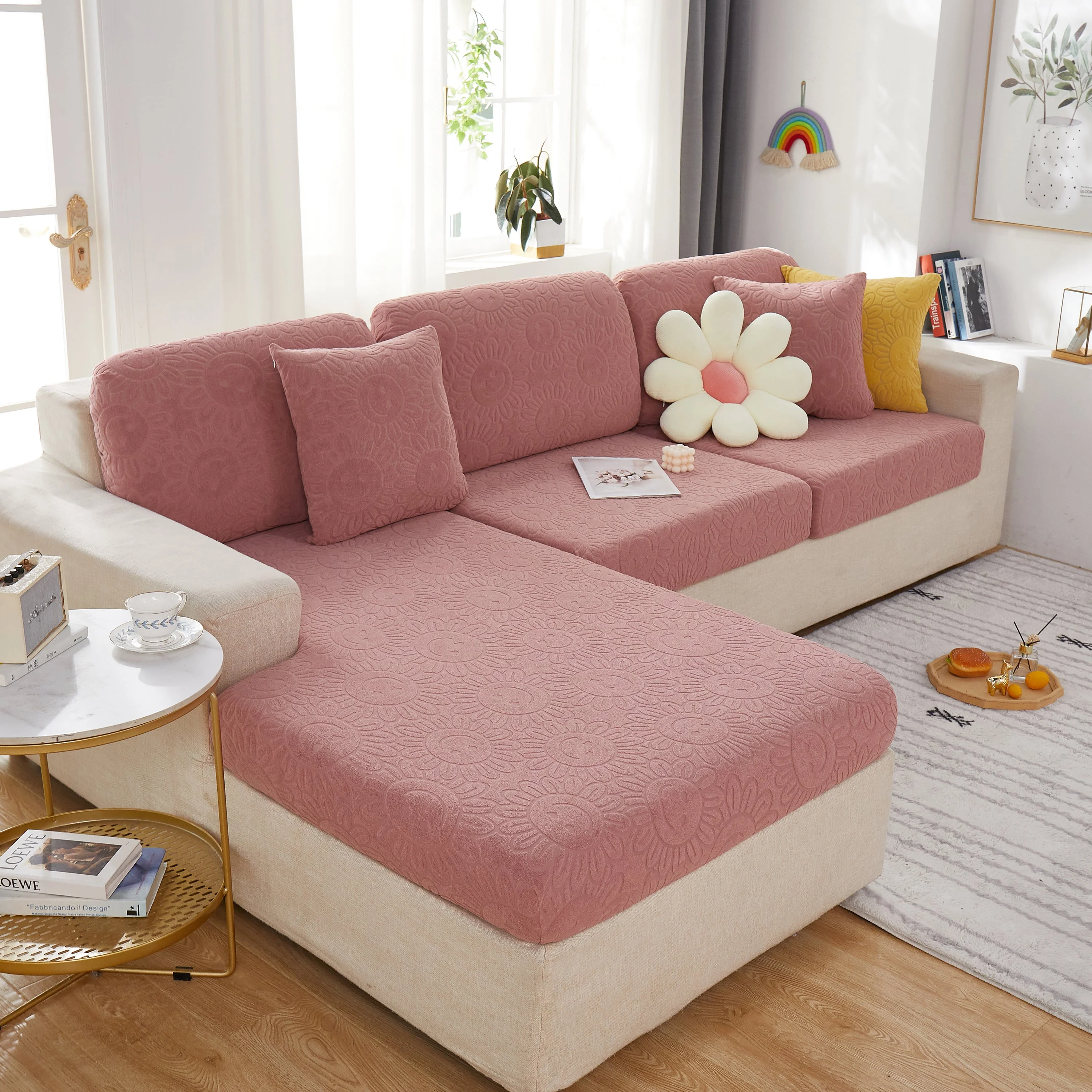 Sunflower Jacquard Fleece Stretchable Cushion Cover, Non-Slip Furniture Covers for Pets, L Shaped Couch Cushion Covers - Image 86