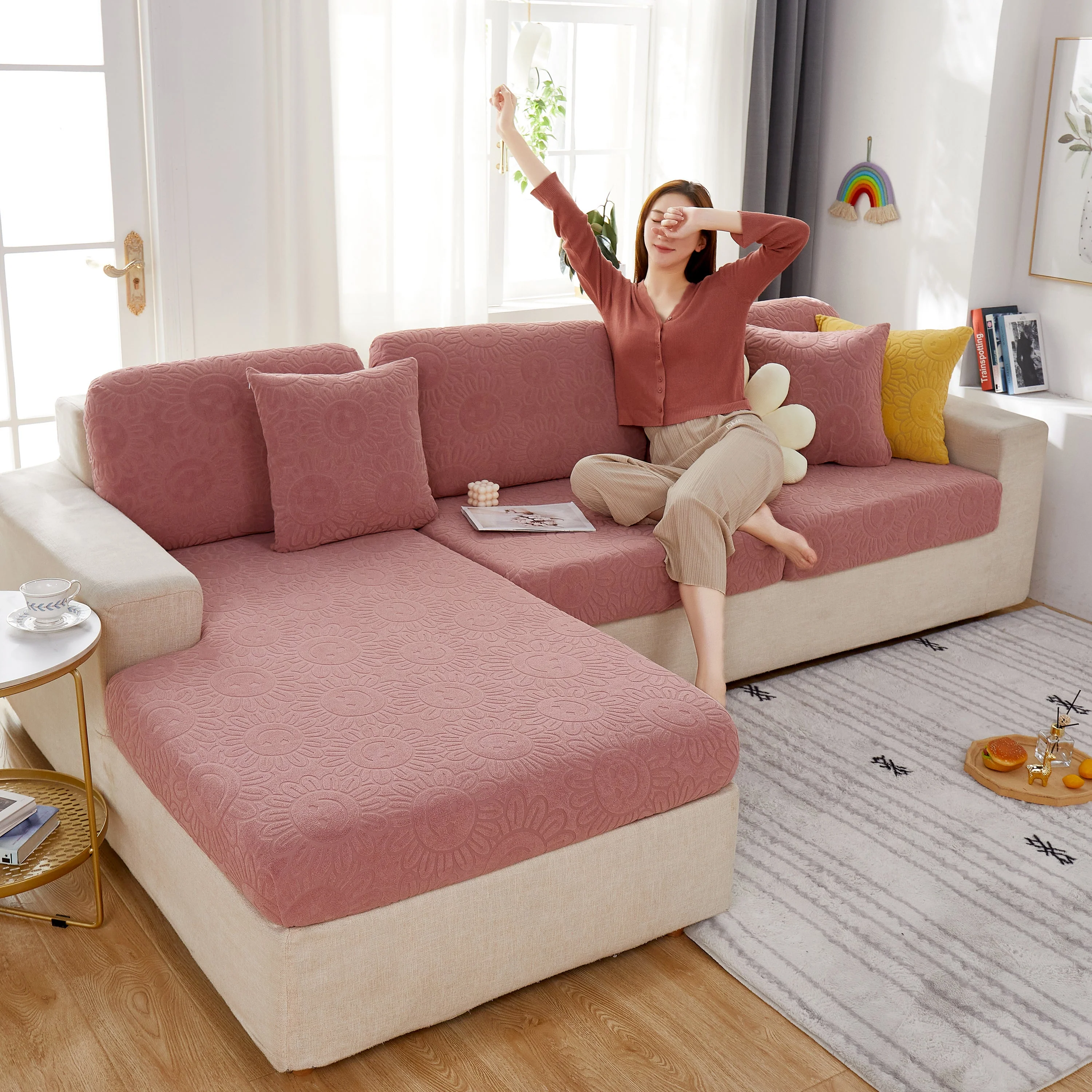 Sunflower Jacquard Fleece Stretchable Cushion Cover, Non-Slip Furniture Covers for Pets, L Shaped Couch Cushion Covers - Image 88
