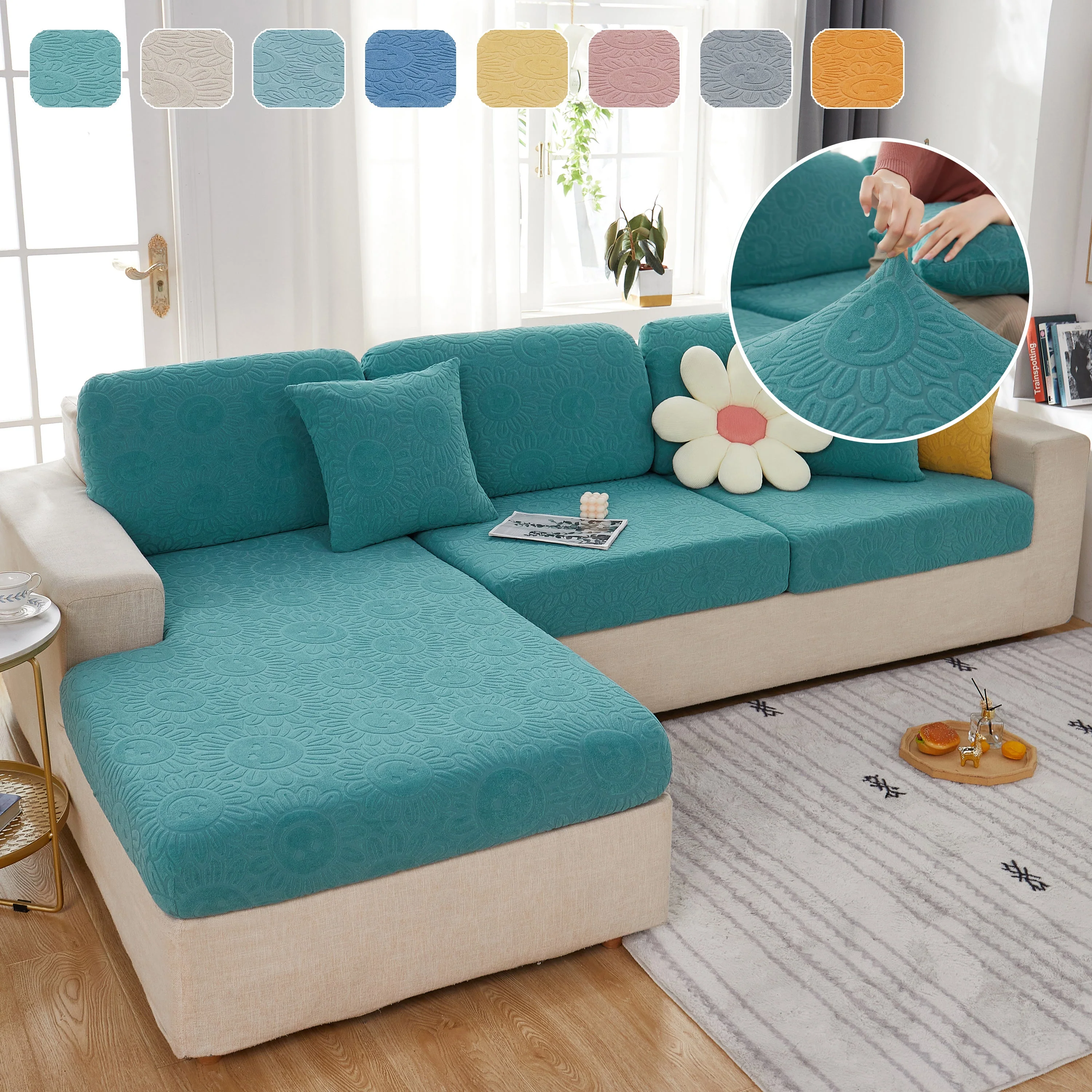 Sunflower Jacquard Fleece Stretchable Cushion Cover, Non-Slip Furniture Covers for Pets, L Shaped Couch Cushion Covers - Image 9
