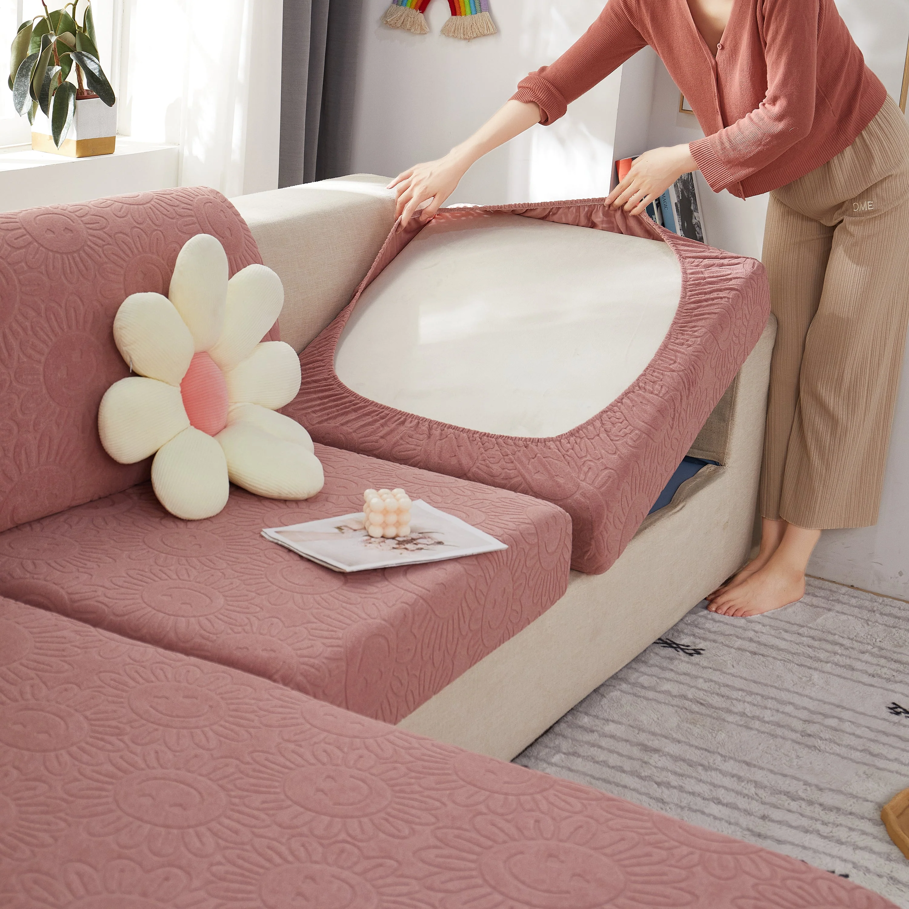 Sunflower Jacquard Fleece Stretchable Cushion Cover, Non-Slip Furniture Covers for Pets, L Shaped Couch Cushion Covers - Image 90