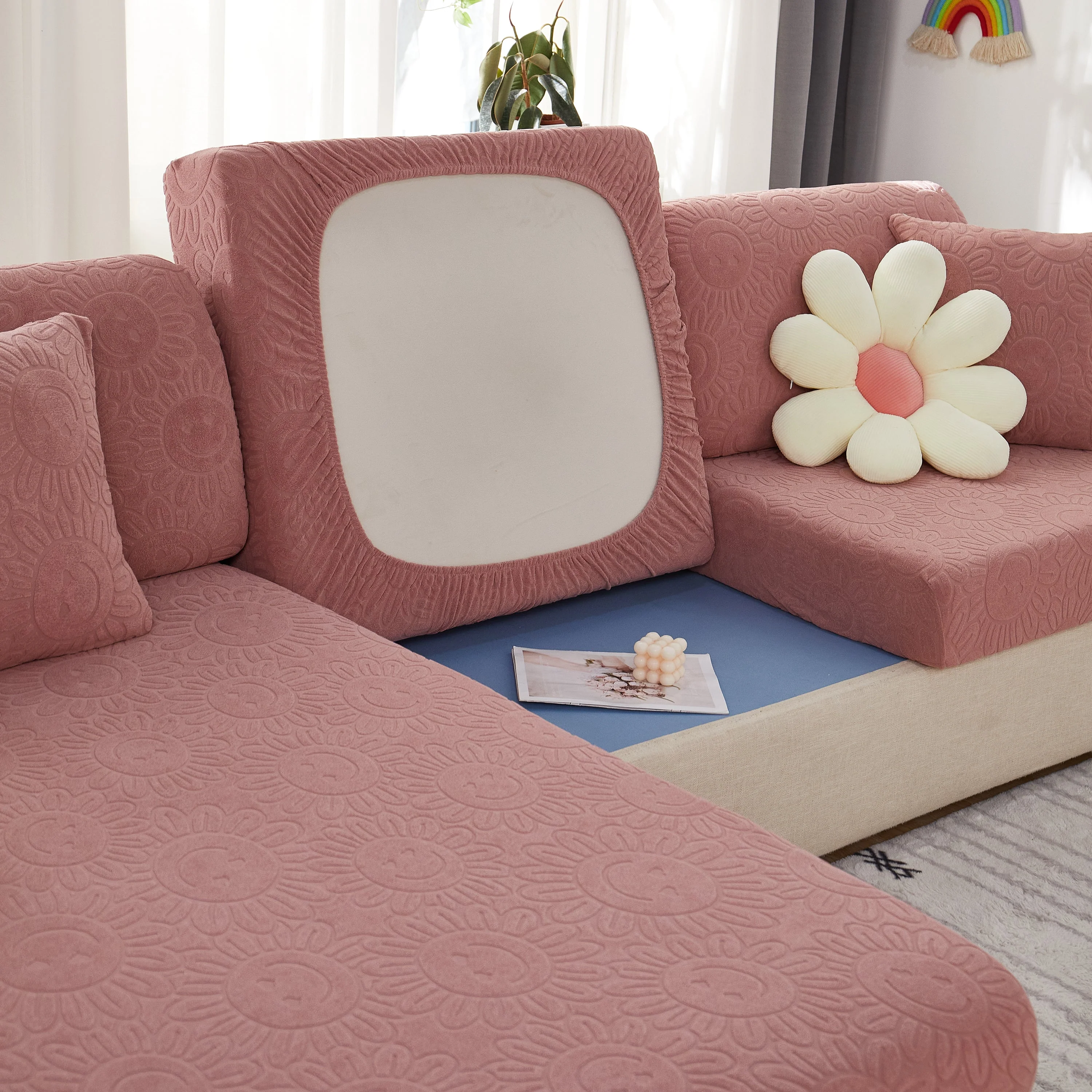Sunflower Jacquard Fleece Stretchable Cushion Cover, Non-Slip Furniture Covers for Pets, L Shaped Couch Cushion Covers - Image 91