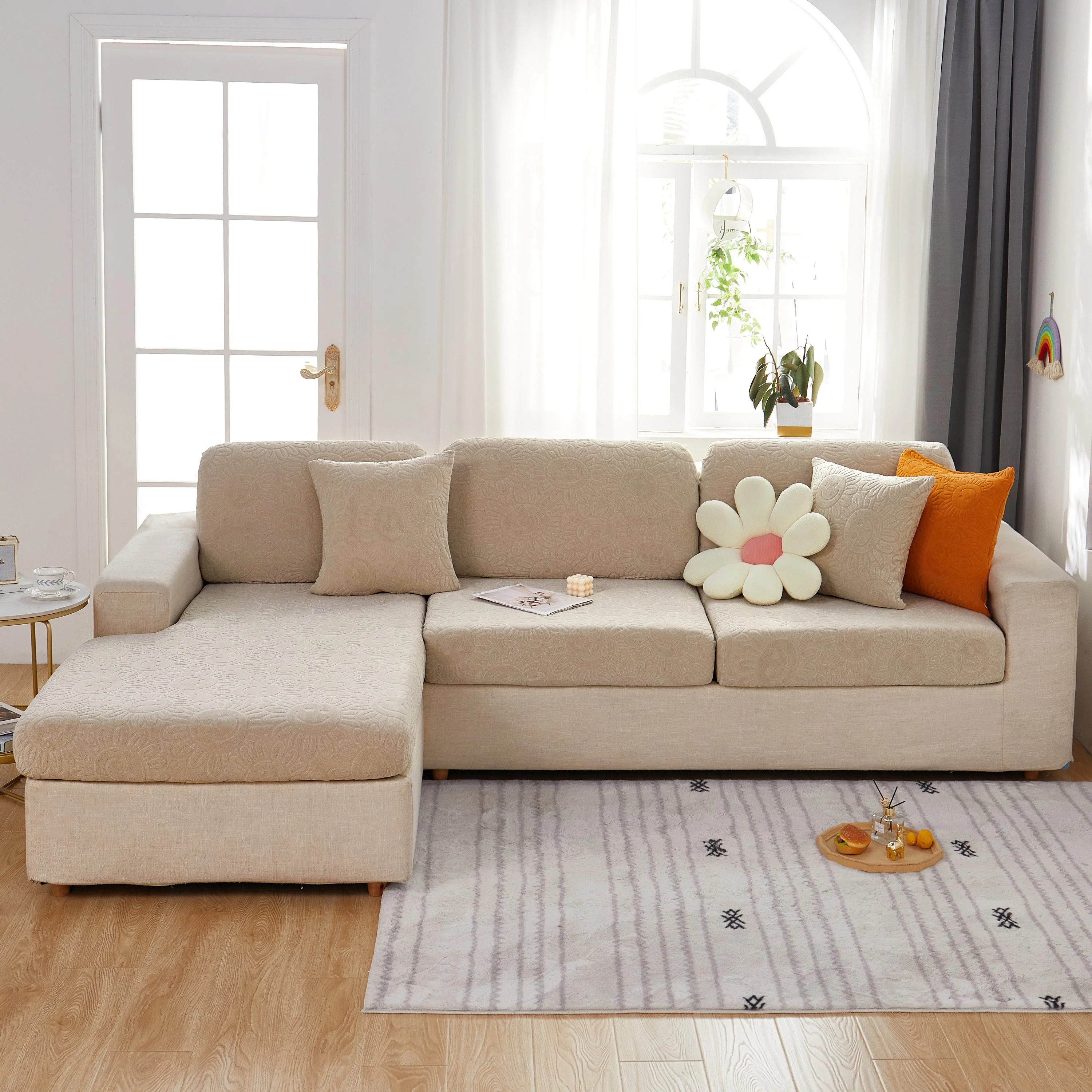 Sunflower Jacquard Fleece Stretchable Cushion Cover, Non-Slip Furniture Covers for Pets, L Shaped Couch Cushion Covers - Image 96