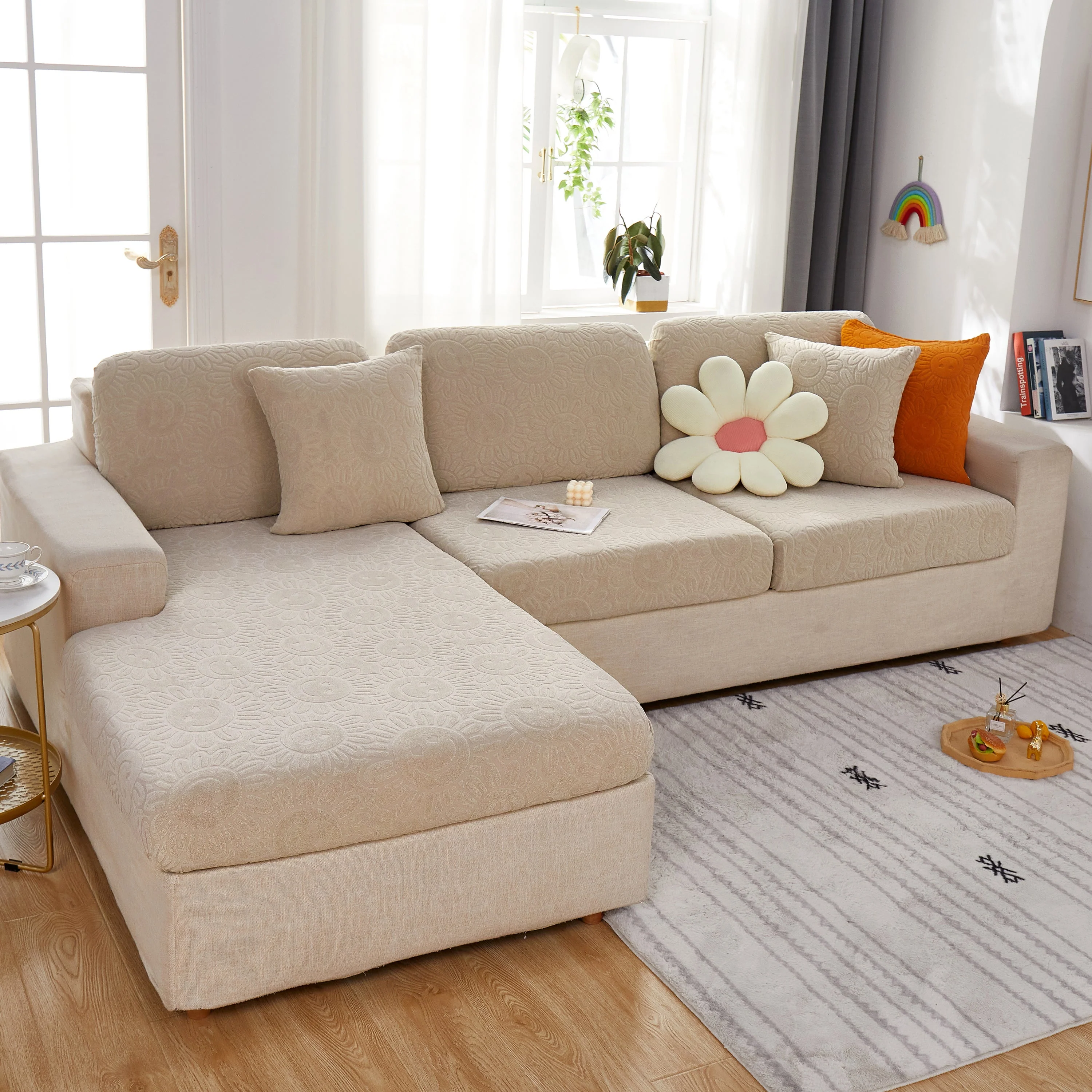 Sunflower Jacquard Fleece Stretchable Cushion Cover, Non-Slip Furniture Covers for Pets, L Shaped Couch Cushion Covers - Image 97