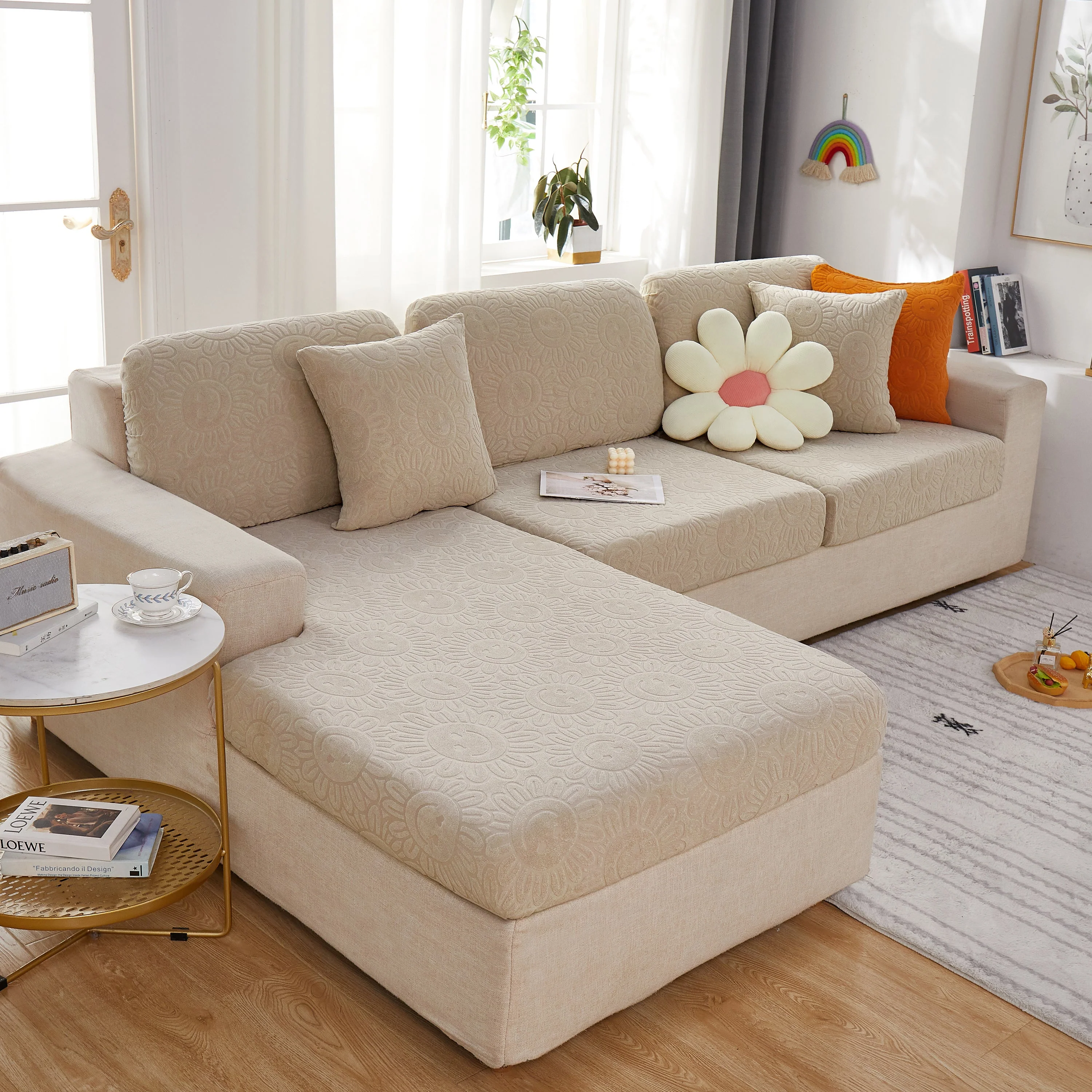 Sunflower Jacquard Fleece Stretchable Cushion Cover, Non-Slip Furniture Covers for Pets, L Shaped Couch Cushion Covers - Image 98