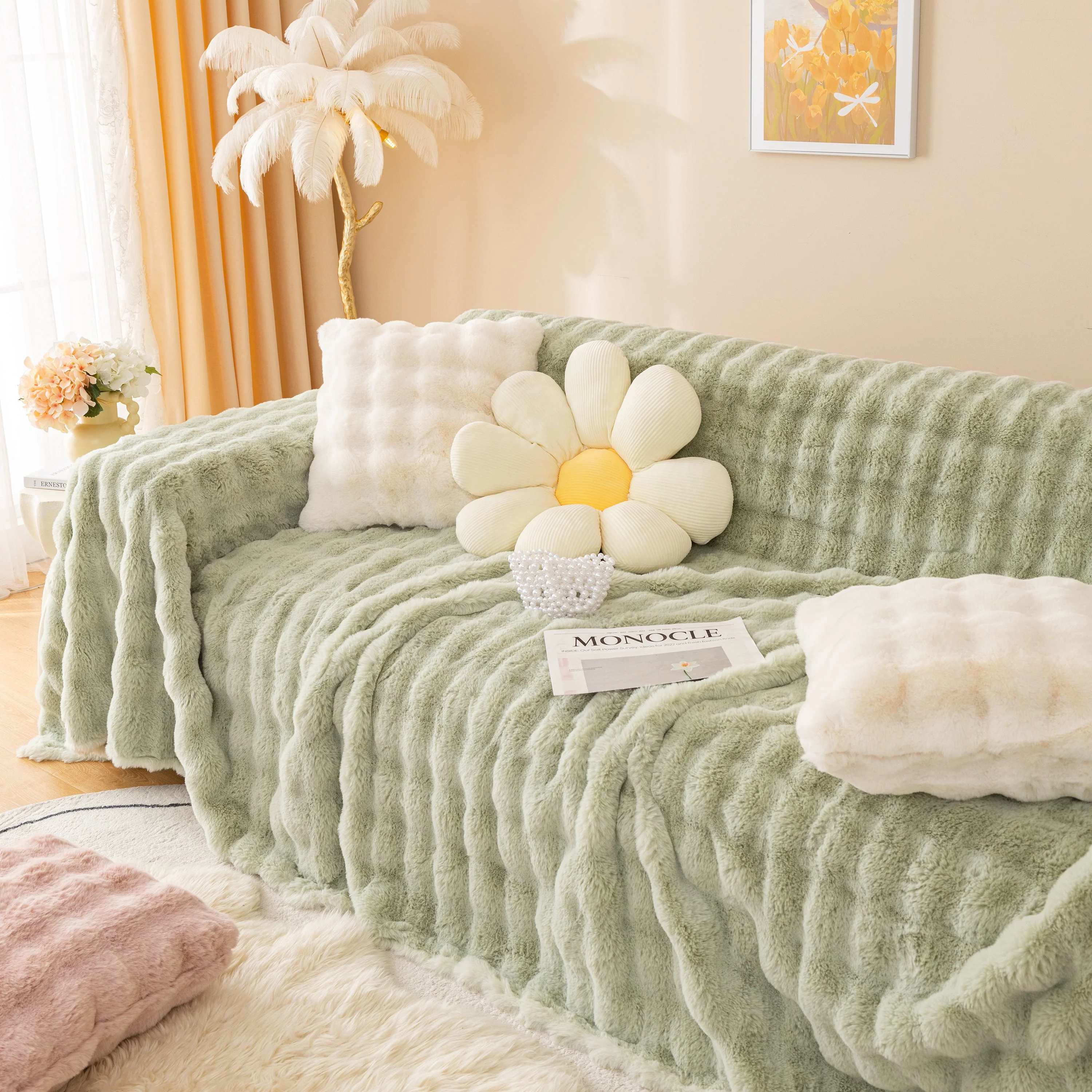 Super Soft Fluffy Faux Rabbit Fur Sofa Throw Blanket, Couch Cover Blanket for Couches Living Room Furniture Throw - Image 49