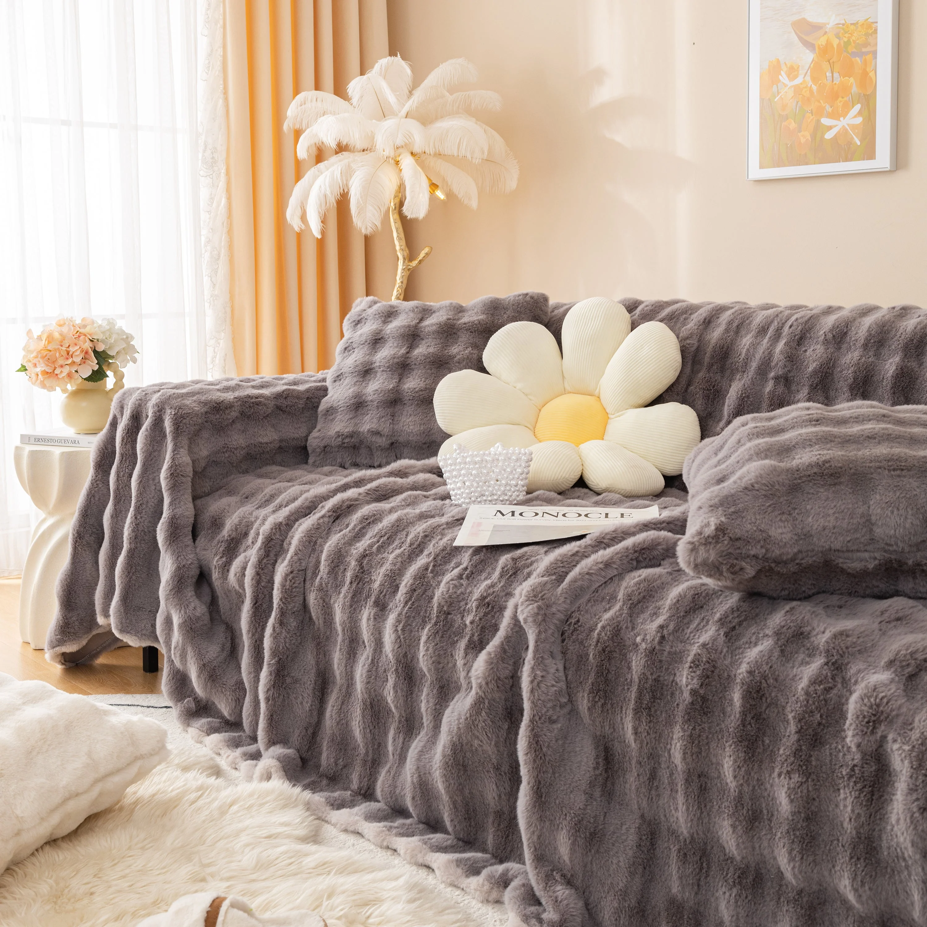 Super Soft Fluffy Faux Rabbit Fur Sofa Throw Blanket, Couch Cover Blanket for Couches Living Room Furniture Throw - Image 95