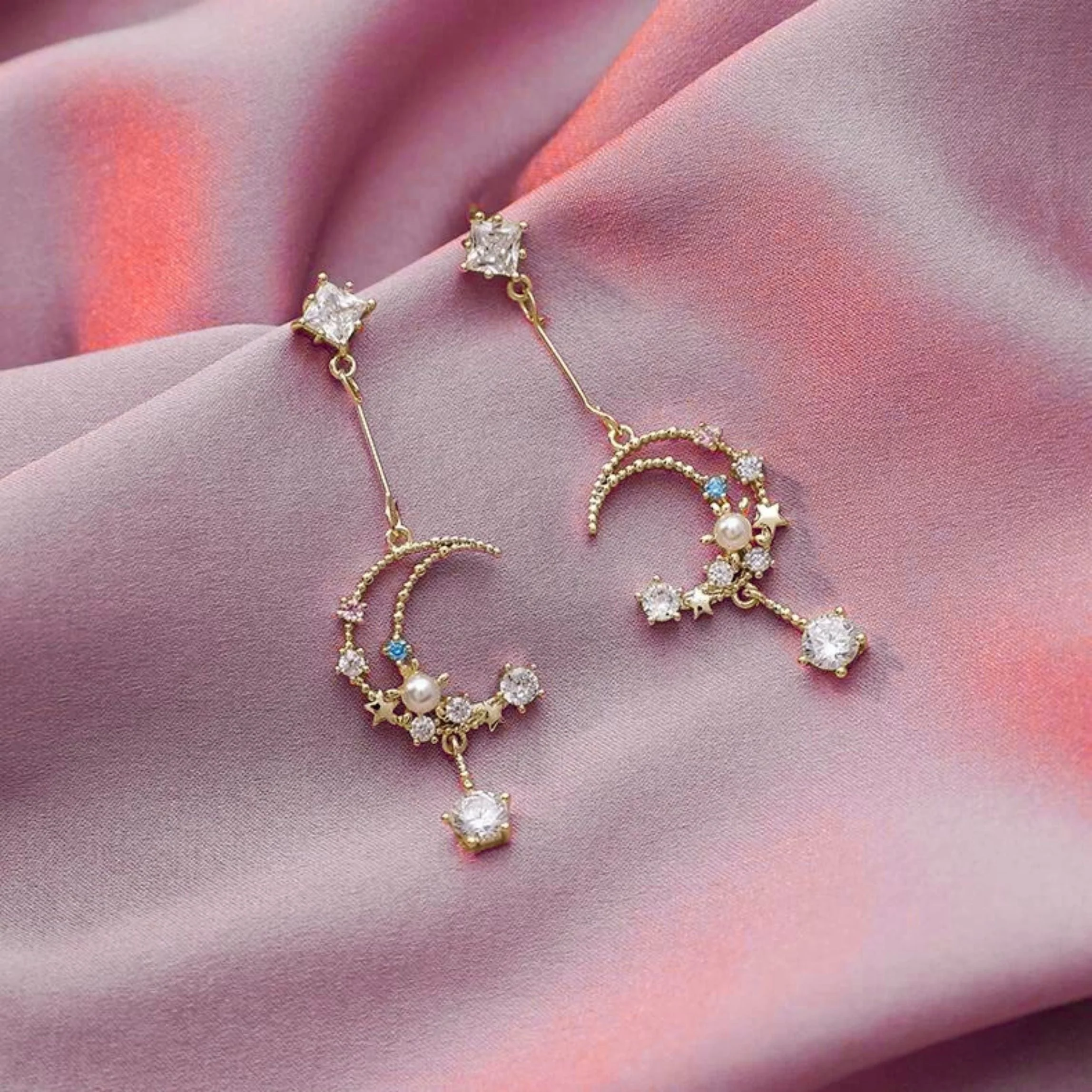 Sweet Dreams Moon Earrings | Gold Celestial Dangle Earrings with Pink & Blue Gems - Image 2