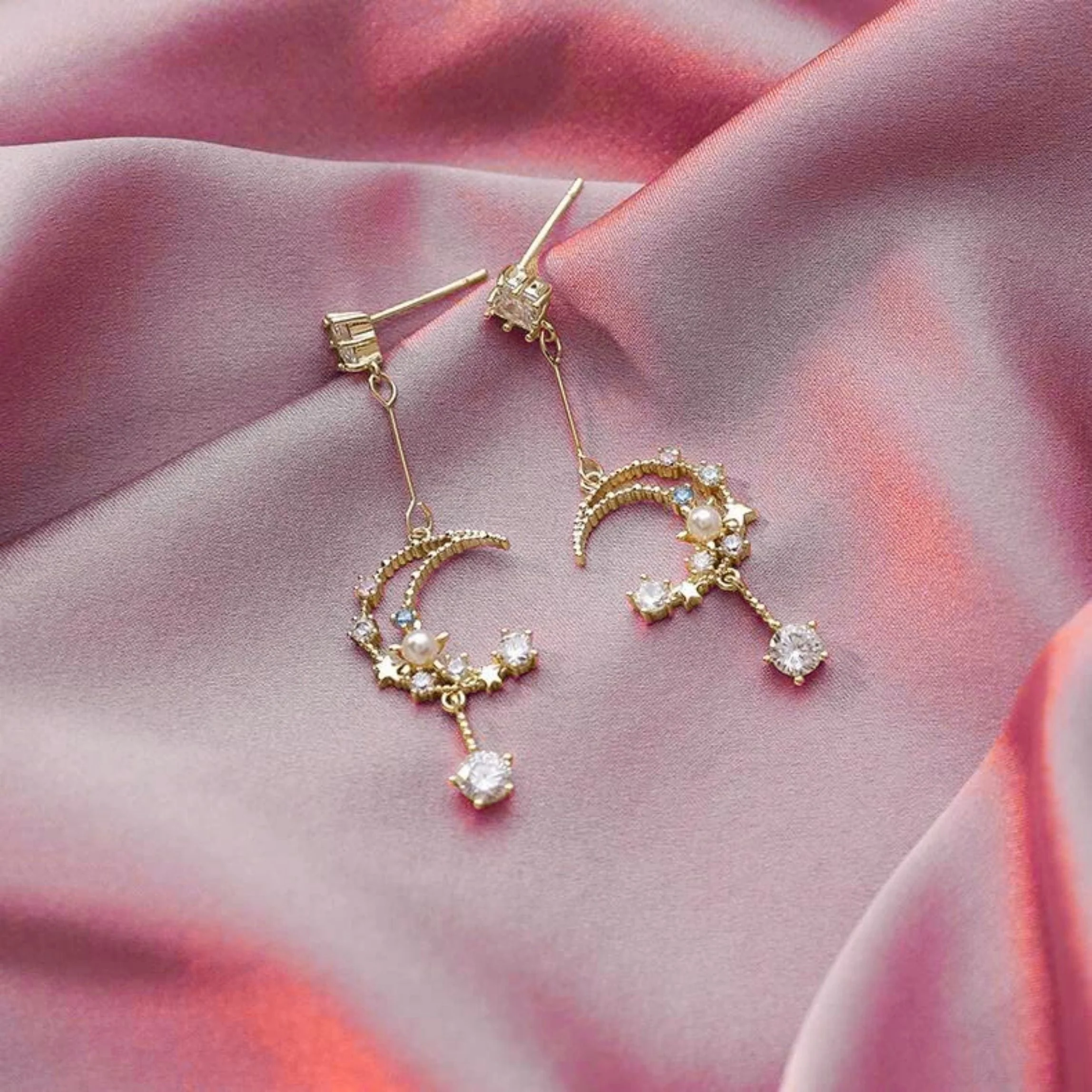 Sweet Dreams Moon Earrings | Gold Celestial Dangle Earrings with Pink & Blue Gems - Image 3